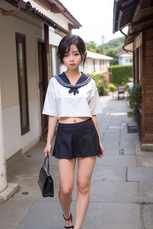 ((best quality)), ((masterpiece)), (detailed), perfect face,
1girl, solo, full body, cute, beautiful girl, standing, front, round face, short brown hair, neutral, rounded eyebrows, , sailor suit, short sleeve, solid mini skirt, navel  exposed, sea,