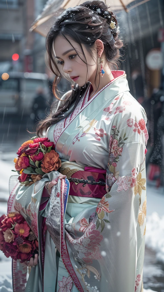 (RAW shooting, Photoreal:1.5, 8K, highest quality, masterpiece, ultra high resolution), ((((heavy snow, Blizzard)))), Highly detailed skin and facial textures:1.3, perfect dynamic composition:1.2, (In front of a shrine at night in a modern city, expression of sadness:1.0, Tears are flowing:1.0, cry with a broken heart:1.0), Slim office lady wet in the rain:1.3, cowboy shot, Fair skin:1.2, sexy beauty:1.1, perfect style:1.2, beautiful and aesthetic:1.1, very beautiful face:1.2, water droplets on the skin, (rain drips all over my body:1.2, wet body:1.2, wet hair:1.3), (Professional kimono dressing:1.1, Holding a bouquet of wet camellias:1.2, How to wear a wet pure white kimono correctly:1.3), (Medium chest, Bra is sheer, Chest gap), (Eyes that feel beautiful eros:0.8, Too erotic:0.8, Bewitching:0.8), necklace, earrings, bracelet, wedding ring, Highly detailed and accurate hand and finger representation