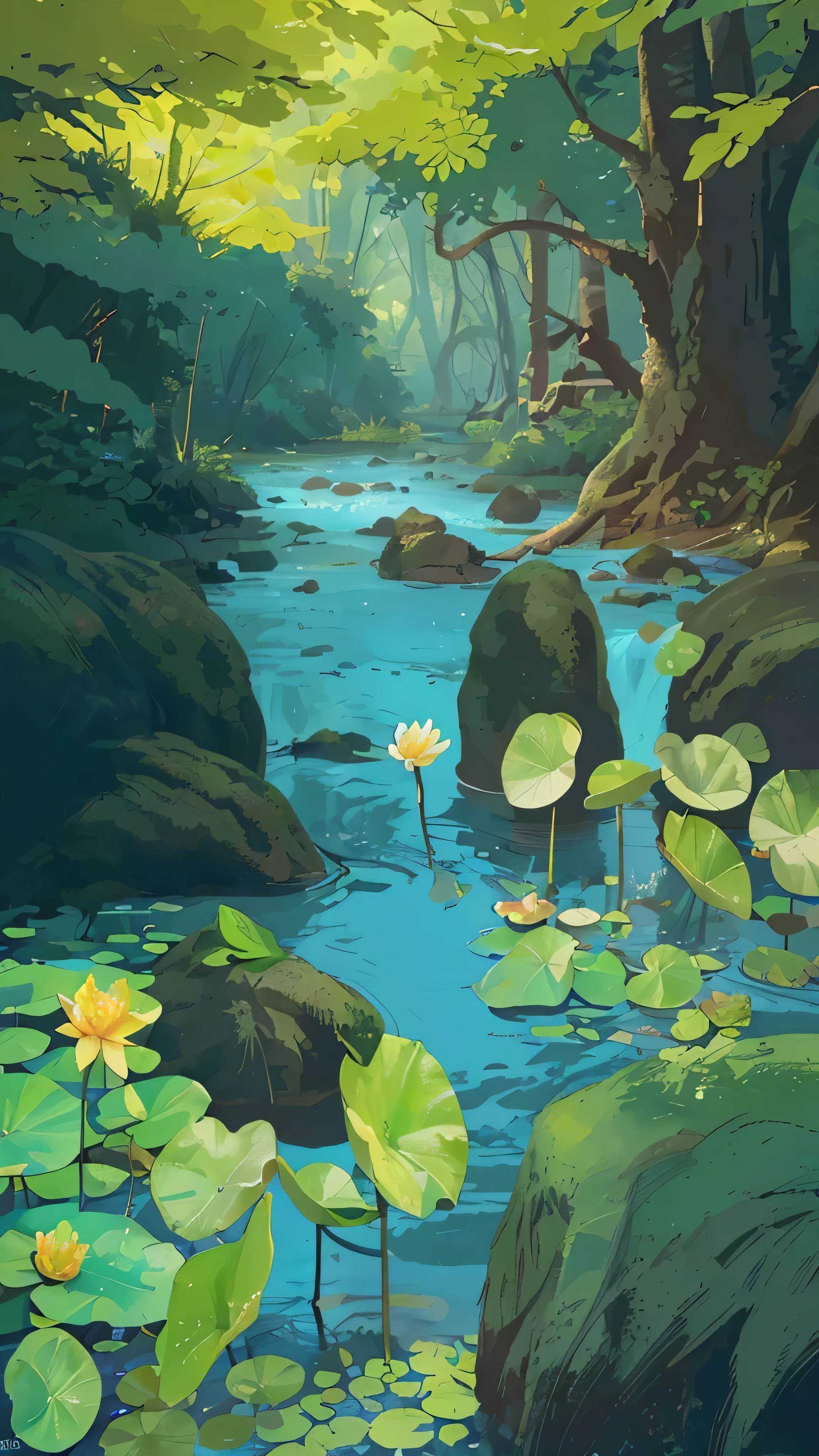 there is a painting of a river with water lillies and trees, . background: jungle river, environment design illustration, river in a forest, river with low hanging plants, forest and river, swamp landscape, river in the wood, nature environment, background artwork, detailed digital painting, gentle sparkling forest stream, very detailed digital painting, 2 d game art background