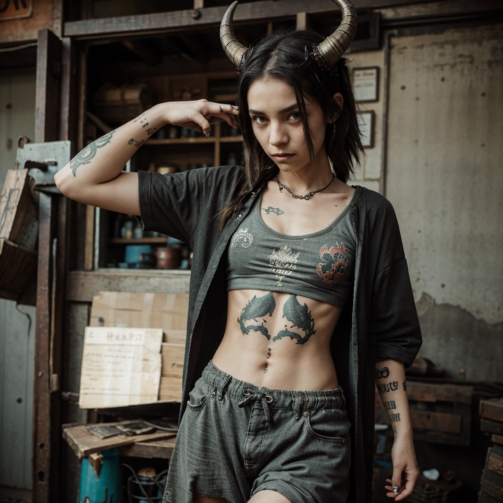 Dragon girl, horns, grunge, flat chest, baggy clothes, dreamy, tribal tatoos, mystical