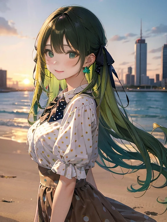 （Glasses）、小さなgirl、The arrival of autumn、big butt、 (alone:1.5,)Super detailed,bright colors, very beautiful detailed anime face and eyes,highest quality, hyper detail, masterpiece, look straight, ;shiny_skin,girl, ((gradient hair, , Half white、Half green hair: 1.2)) 、forehead is exposed、shiny hair, delicate beautiful face, blush、(turquoise eyes), White skin, Valletta, mature earrings,、sandy beach、sunset、((ribbon、(check、Fashionable blouses、polka dots、brown skirt)))、twin tails、smile、happy face、face dyed red、