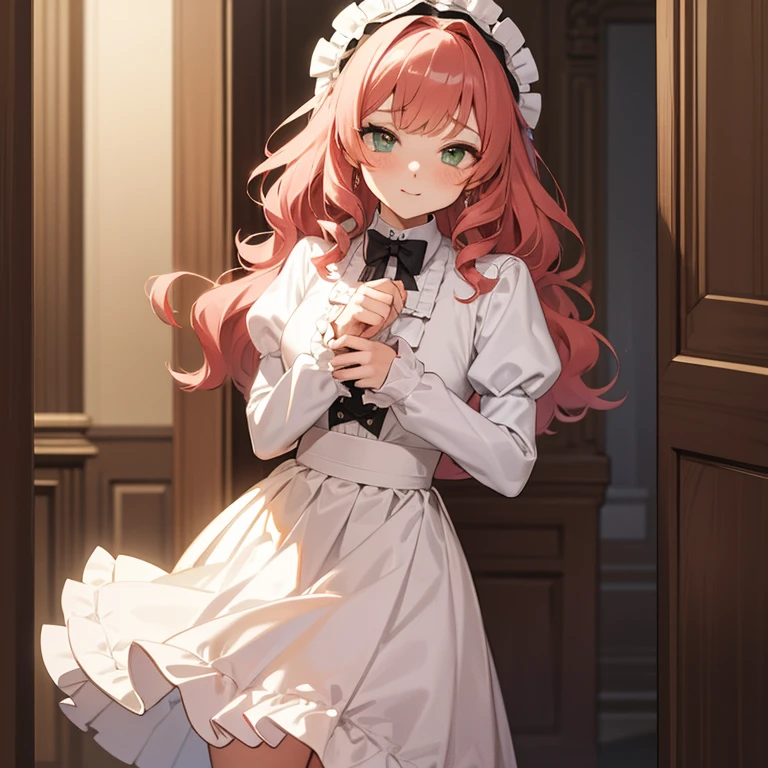 Girly looking boy, curly almond hair, green eyes, Lolita dress, raising skirt, palace hallways background.