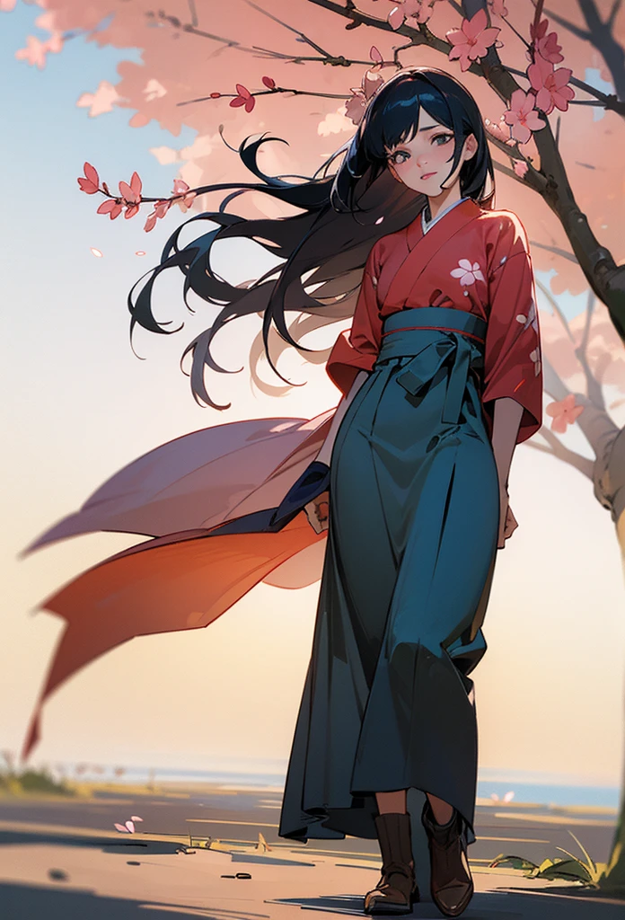 photo realistic, (masterpiece, best quality), 1girl,cute,baby face,(cherry blossom pattern kimono),depicting a Taisho-era female student wearing a long skirt(navy skirt) and brown boots,long straight hair,eyes with large irises, small mouth, fresh lips,fullbody,whole body,dark blue hair, smiling,cherry blossom tree avenue,looking tree, intricate details, depth of field,beautiful lighting, volumetric lighting, (photographic portrait), sharp,