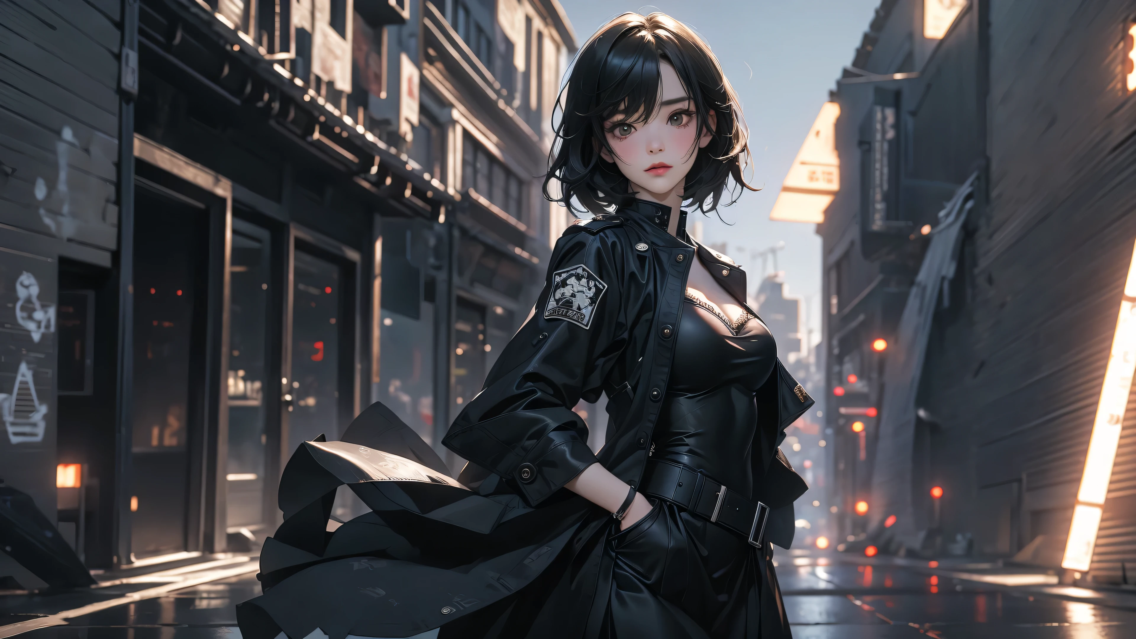 ((Highly detailed CG unit 8k wallpaper, masterpiece, High resolution, highest quality, highest qualityのリアルテクスチャスキン)), ((Upper body, front, Hands in pockets pose:1.3, fashion model pose, A cool NY fashion girl influenced by nostalgic and inorganic mode fashion., detailed costume:1.4, Coordination of black lace layered maxi skirt and military jacket:1.3, Asymmetrical short hair, Nana Komatsu, small tits)), (((blurred background, Black and white graffiti art in an empty New York back alley))), hyper realistic, digital painting, concept art,