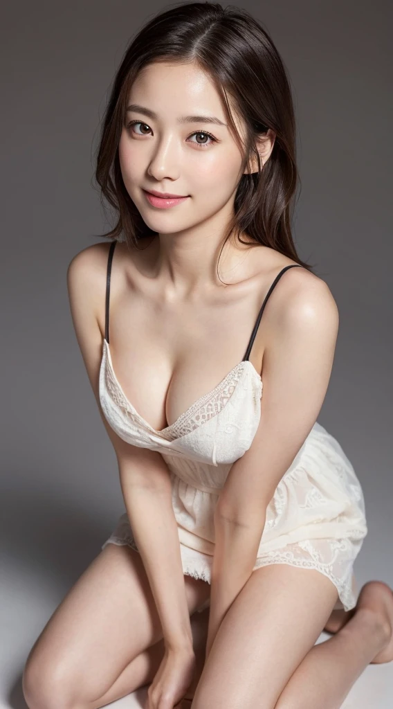 (1woman, Photo of very very cute woman, japanese female ), (detailed face:1.2),Best quality, masterpiece, ultra high res, (photorealistic:1.2), 16k,solo,highest quality, original, highres, ultra realistic 16k, perfect female figure, realistic, perfect slim beauty:1.5, (brown hair, small breasts), (super beautiful face, beautiful, cute), delicate eyes, right smile, fair skin, (natural makeup),( see-through, pink color lingerie thigh:1.5)  ,lying sofa