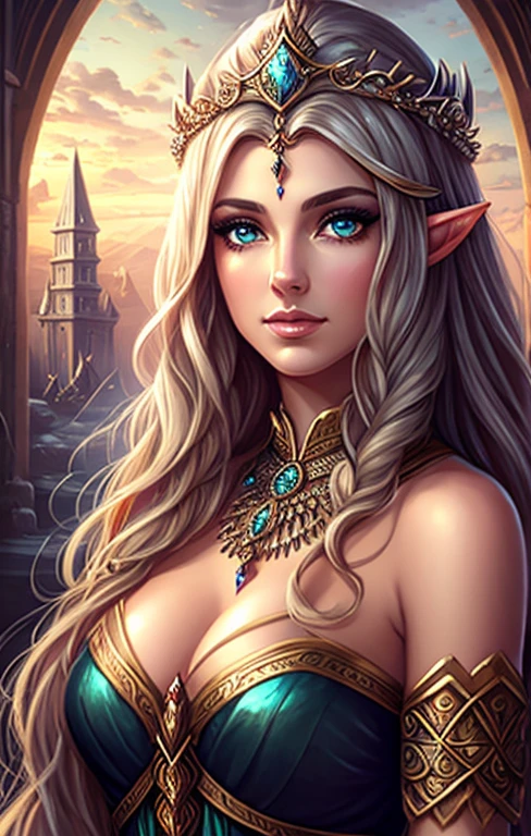 create a digital painting, best quality, 4k, Babes, a close-up of a woman with a crown and a bird on her head, portrait of a sorceress, epic fantasy art portrait, fantasy concept art portrait, detailed matte fantasy portrait , fantasy art portrait, fantasy portrait art, elven priestess, fantasy character portrait, portrait of an elf queen, portrait of a beautiful goddess, fantasy genre portrait