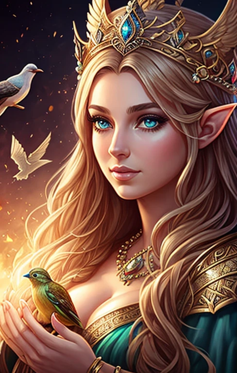 create a digital painting, best quality, 4k, Babes, a close-up of a woman with a crown and a bird on her head, portrait of a sorceress, epic fantasy art portrait, fantasy concept art portrait, detailed matte fantasy portrait , fantasy art portrait, fantasy portrait art, elven priestess, fantasy character portrait, portrait of an elf queen, portrait of a beautiful goddess, fantasy genre portrait