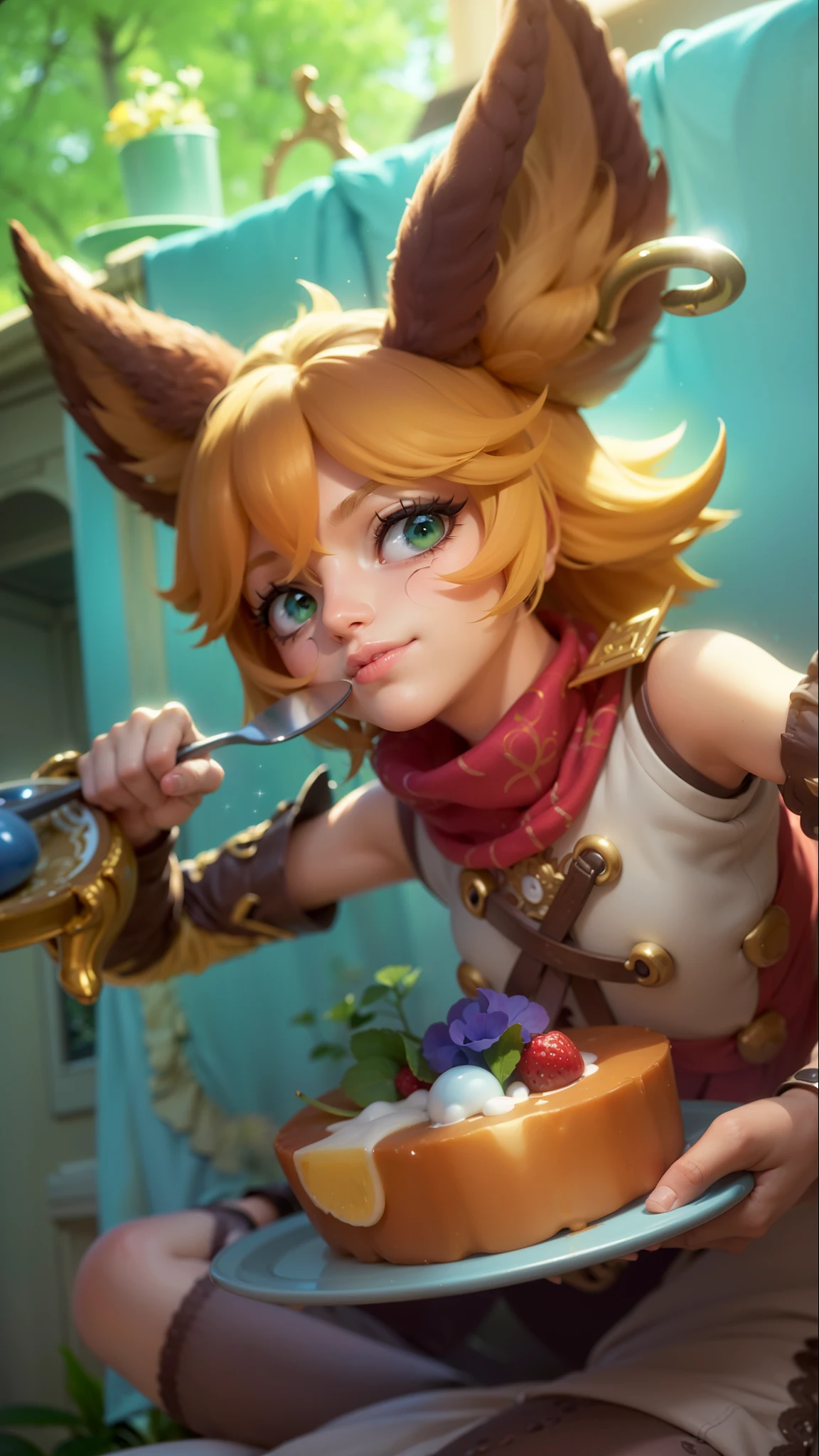 a girl with a cat hat and gloves, girl holding spoon and plate of cake in hands, 8k, ultra hd, ultra detailed texture, hyper realistic, masterpiece, detailed texture, detailed face, detailed skin, detailed lighting, (photorealistic:1.5), best quality, beautiful lighting, cinematic lighting, professional lighting, ultra highres, realistic, detailed hair, real hair, high quality, (realskin:1.5), extremely detailed, finely detail, ultra-detailed, green eyes, smile.