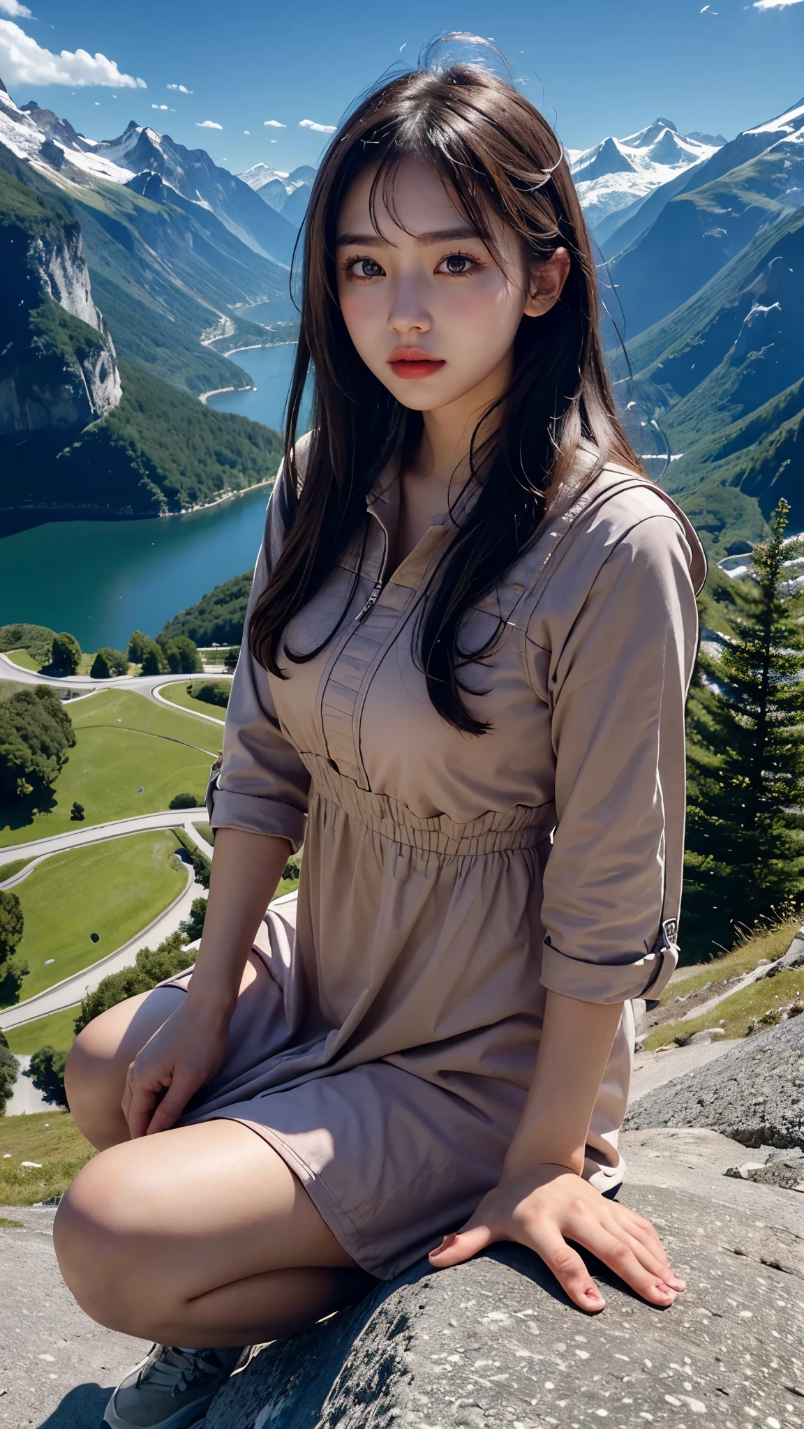 mountain climbing、mountain climbingガール、One female、beautiful woman、20 years beautiful Girl, Korean girl, Beautiful Luxury dark pink Sun dress , switzerland, alaps valley, 