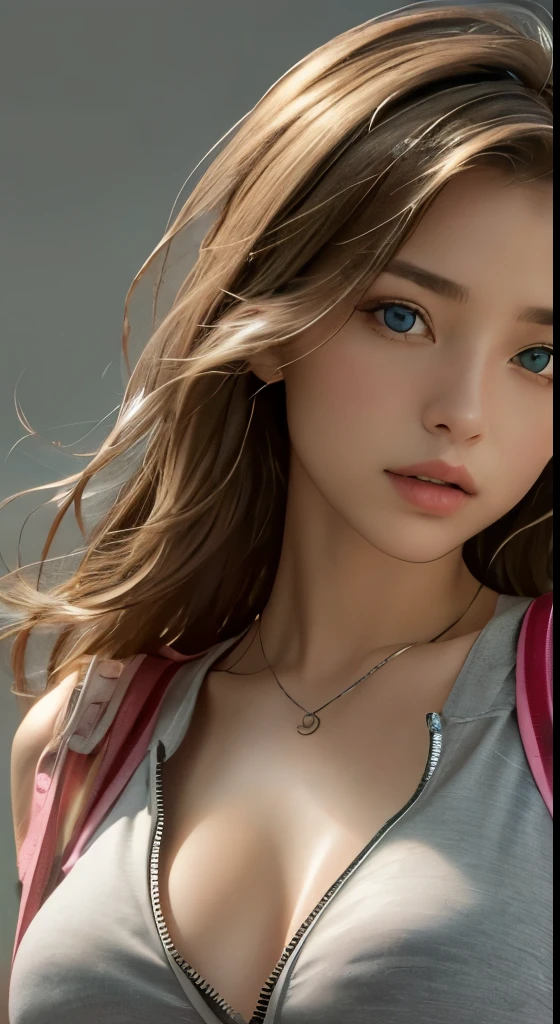 (masterpiece、highest quality、photorealistic、High resolution、photograph、:1.3)、very close up shot、sharp focus、one brunette girl、european girl、hot models、Highly detailed eyes and pupils、real skin、slim body shape、、bust B cup、、highly detailed hair、delicate sexy face、sensual gaze、glossy lips、((Wearing a zip tank top sweatshirt))、((real、超real、realism、realなディテール)、gray background
