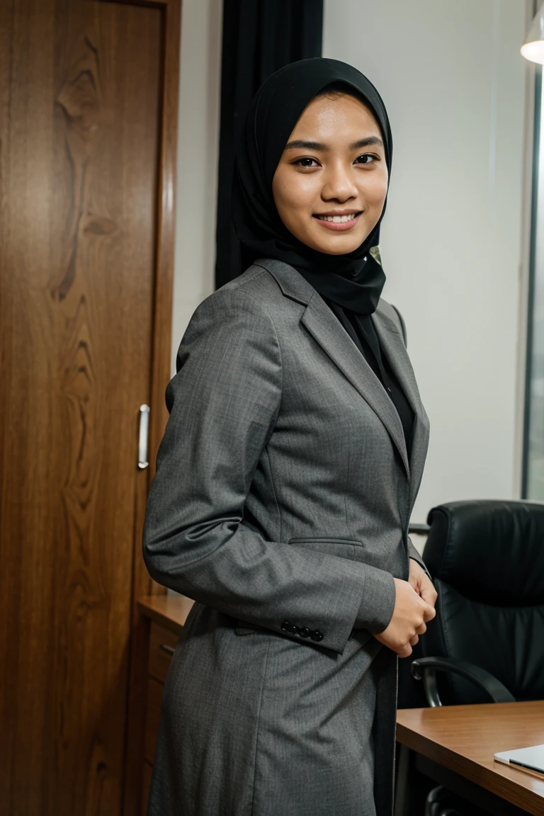 24 year old age malay woman with hijab,wearing office suit,closed mouth,smiling