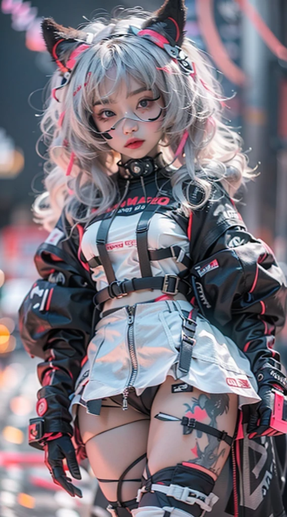 offcial art, Unity 8k wallpaper, Ultra detailed, Beautiful and aesthetic, Beautiful, Masterpiece, Best quality, 8K, Skin texture:1.4, tmasterpiece:1.4,Pose behind beauty，(Cyberpunk style Lolita costume in random colors)，(Focus on the knee)，The face is clear，