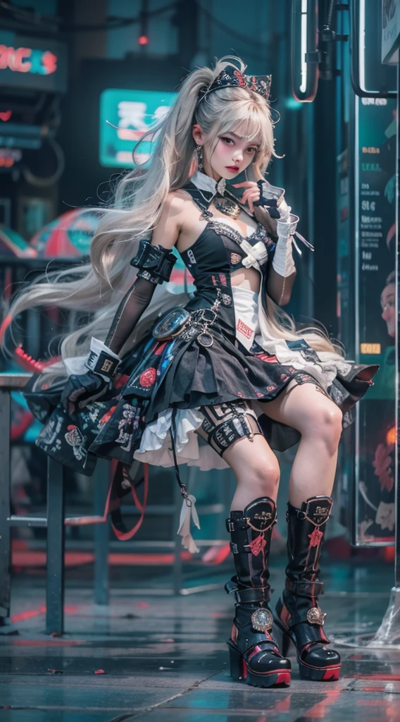offcial art, Unity 8k wallpaper, Ultra detailed, Beautiful and aesthetic, Beautiful, Masterpiece, Best quality, 8K, Skin texture:1.4, tmasterpiece:1.4,Pose behind beauty,(Cyberpunk style Lolita costume in random colors),(Focus on the knee),The face is clear,
