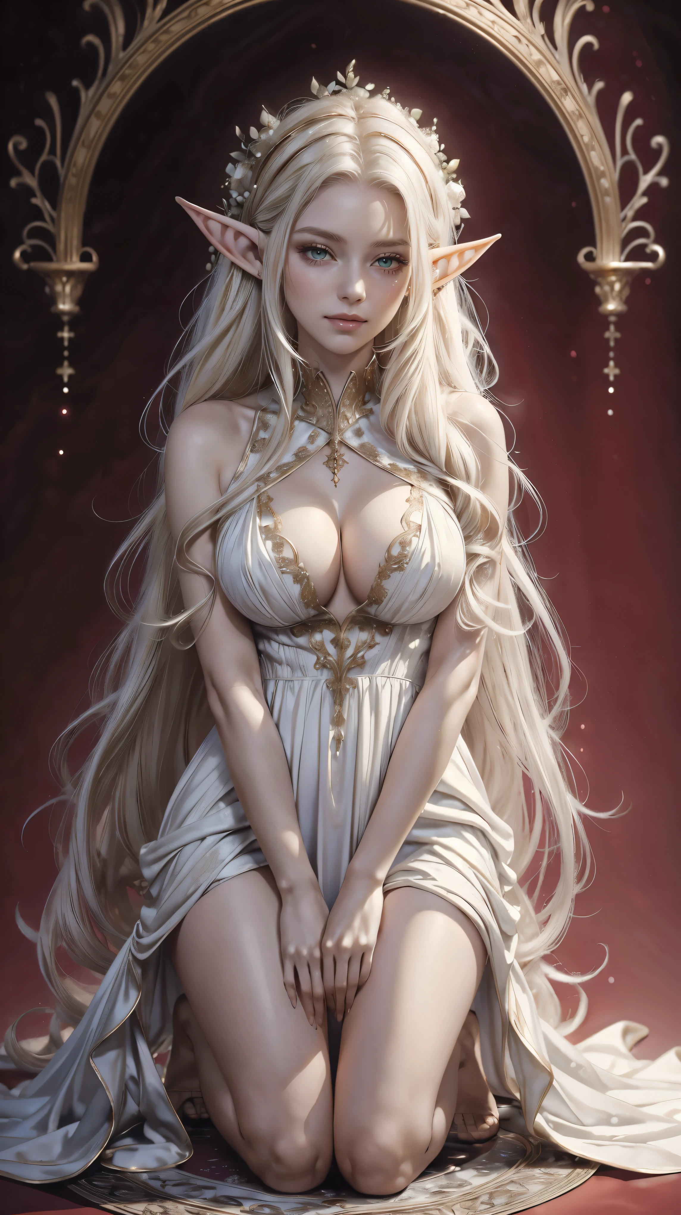 (masterpiece, best quality, ultra-detailed:1.2), 1girl, perfect curves, (g0ld3mb, gold:1.1), (glimmering galaxy dress:1.1), long straight white hair, laced hair, wrapped in white silk, (red background:1.2), elf ears,
Best Quality, High resolution, 1girl in, Full body, Details Girl, detail hands, Detail fingers, Detail Face, detail legs, 1girl in, elf, Looking down, Flower Garden, Black sky, smog, watercolor paiting, pale skin, Blonde hair, Long hair, Wavy Hair, saddened, mournful smile, Green eyes, tareme, medium breasts, white sundress, Bare back, Kneeling, Planting trees,(adult:1.5)(woman:1.5)(nude:1.5)big