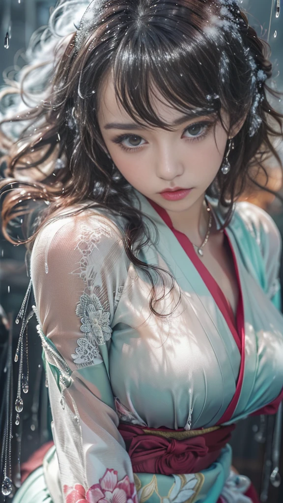 (RAW shooting, Photoreal:1.5, 8K, highest quality, masterpiece, ultra high resolution), ((((heavy snow, storm)))), Highly detailed skin and facial textures:1.3, perfect dynamic composition:1.2, (In front of a shrine at night in a modern city, expression of sadness:1.0, Tears are flowing:1.0, cry with a broken heart:1.0), Slim office lady wet in the rain:1.3, cowboy shot, Fair skin:1.2, sexy beauty:1.1, perfect style:1.2, beautiful and aesthetic:1.1, very beautiful face:1.2, water droplets on the skin, (rain drips all over my body:1.2, wet body:1.2, wet hair:1.3), (Professional kimono dressing:1.1, Holding a bouquet of wet camellias:1.2, The correct way to wear a wet pure white kimono:1.3), (Medium chest, bra is see-through, Chest gap), (Eyes that feel beautiful eros:0.8, Too erotic:0.8, Bewitching:0.8), necklace, earrings, bracelet, wedding ring, Highly detailed and accurate hand and finger representation