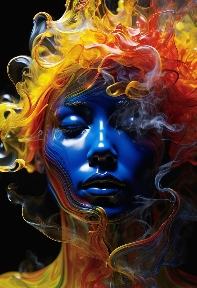 
a silhouette of human face in smoke, in the style of hyper-realistic sculptures, fluid lines and curves, vivid colors, poured, as silky as water, exaggerated facial features, layered portraits, provia --v 6.0 --s 150, photo, 3d render, cinematic style of Dale Chihuly