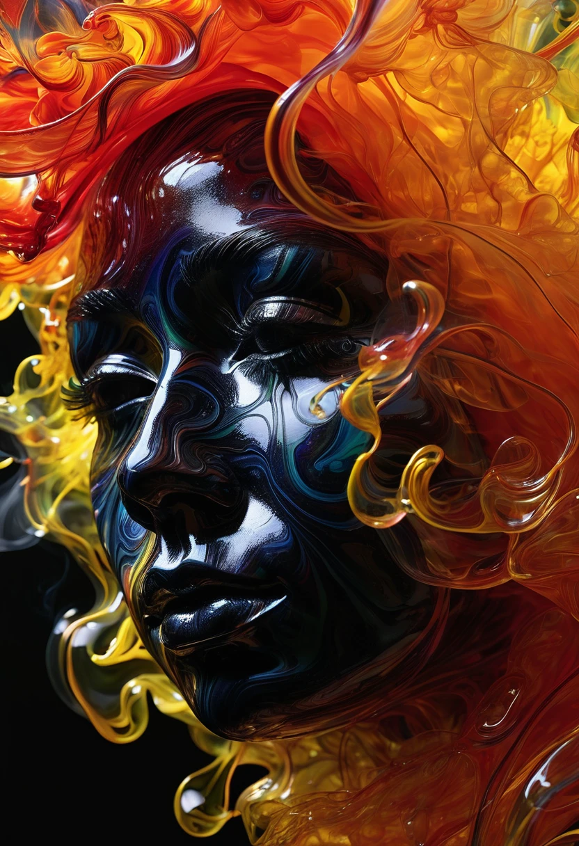 
a silhouette of human face in smoke, in the style of hyper-realistic sculptures, fluid lines and curves, vivid colors, poured, as silky as water, exaggerated facial features, layered portraits, provia --v 6.0 --s 150, photo, 3d render, cinematic style of Dale Chihuly