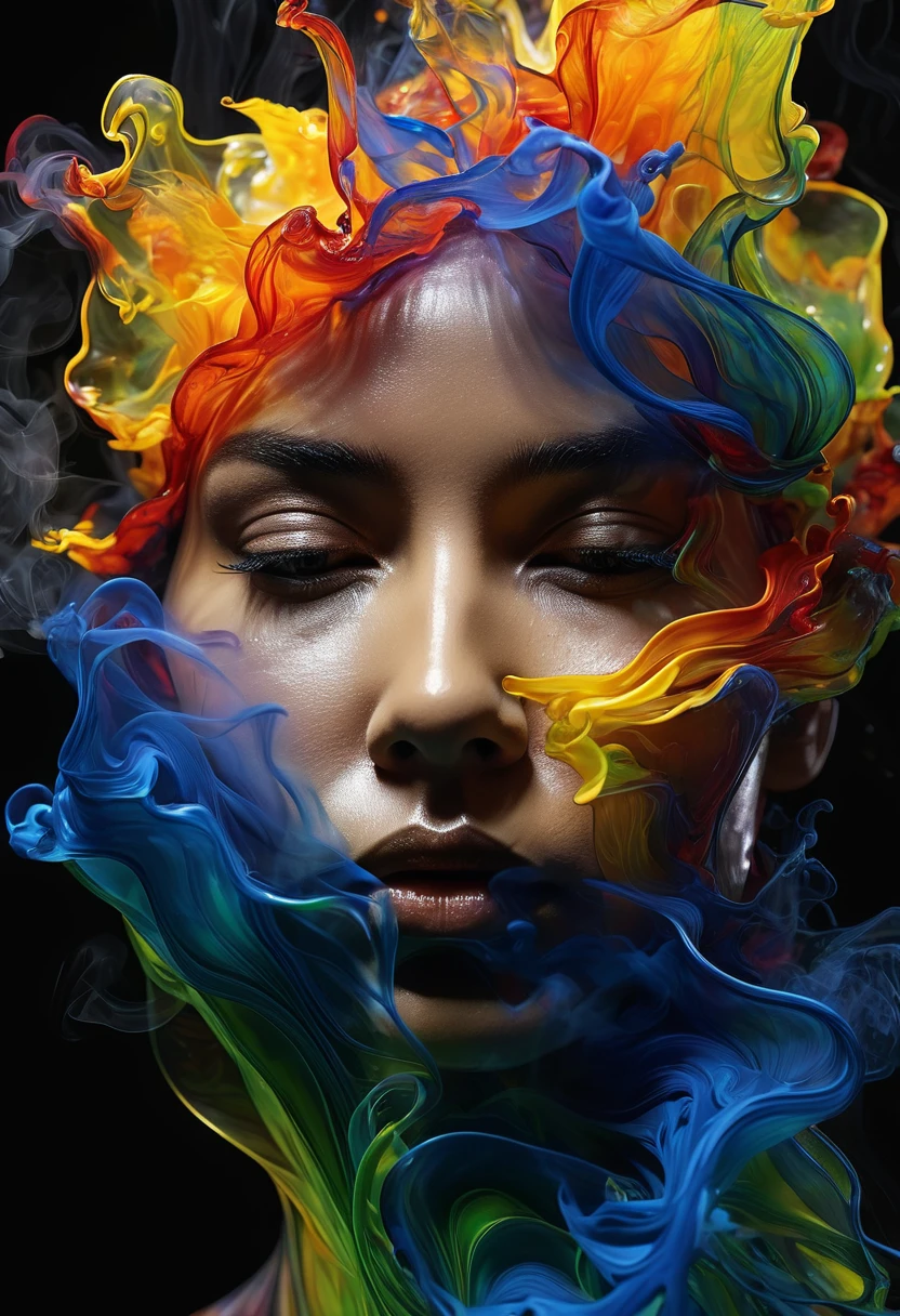 a silhouette of human face in smoke, in the style of hyper-realistic sculptures, fluid lines and curves, vivid colors, poured, as silky as water, exaggerated facial features, layered portraits, provia --v 6.0 --s 150, photo, 3d render, cinematic style of Dale Chihuly
