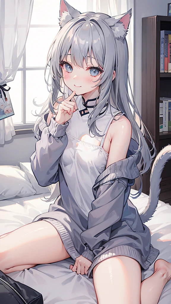 gray hair、Cat ear、tail、、smile、blushing cheeks、sitting on the bed、Small breasts