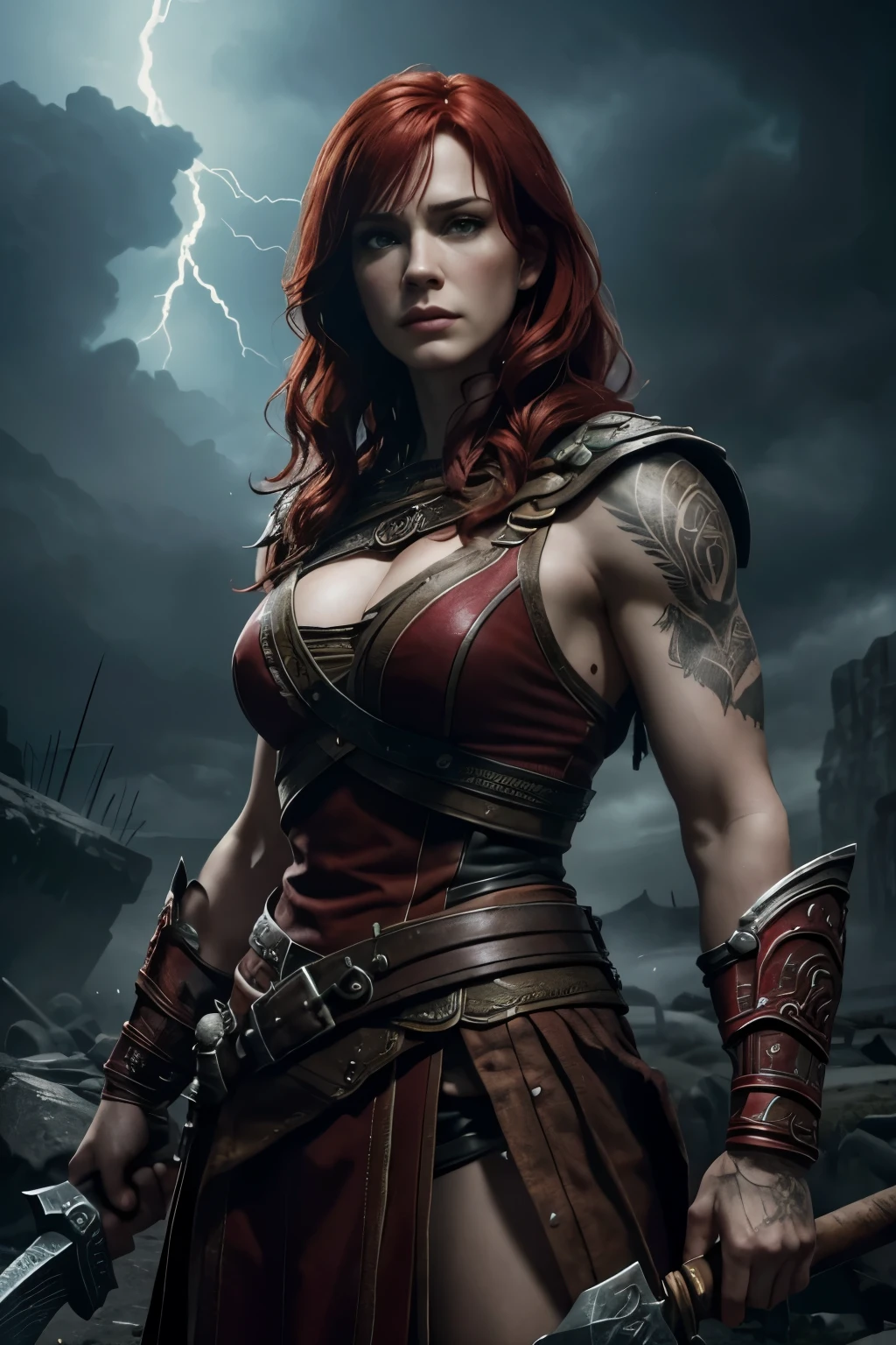 Christina Hendricks as Kratos from God of War,powerful female character,dark red hair and intense green eyes,striking facial features,strong and muscular build,tattooed body,posing with a massive double-sided axe,wearing a warrior's leather armor,standing in an ancient mythical battlefield,bathed in dramatic lighting,ominous storm clouds in the background,echoes of battle in the distance,bringing a sense of raw power and determination,combining beauty and strength,intricate details highlighting the fierceness and intensity of the character,hyper-realistic rendering to capture every minute detail,showcasing the mastery of digital portrait artistry,ultimate photorealistic quality,highly detailed facial expression showcasing the determination and strength of the character,subtle hints of magic and supernatural elements reflecting the true essence of the God of War universe,vibrant colors with deep reds and contrasting cool tones,creating a visually striking and captivating portrait.