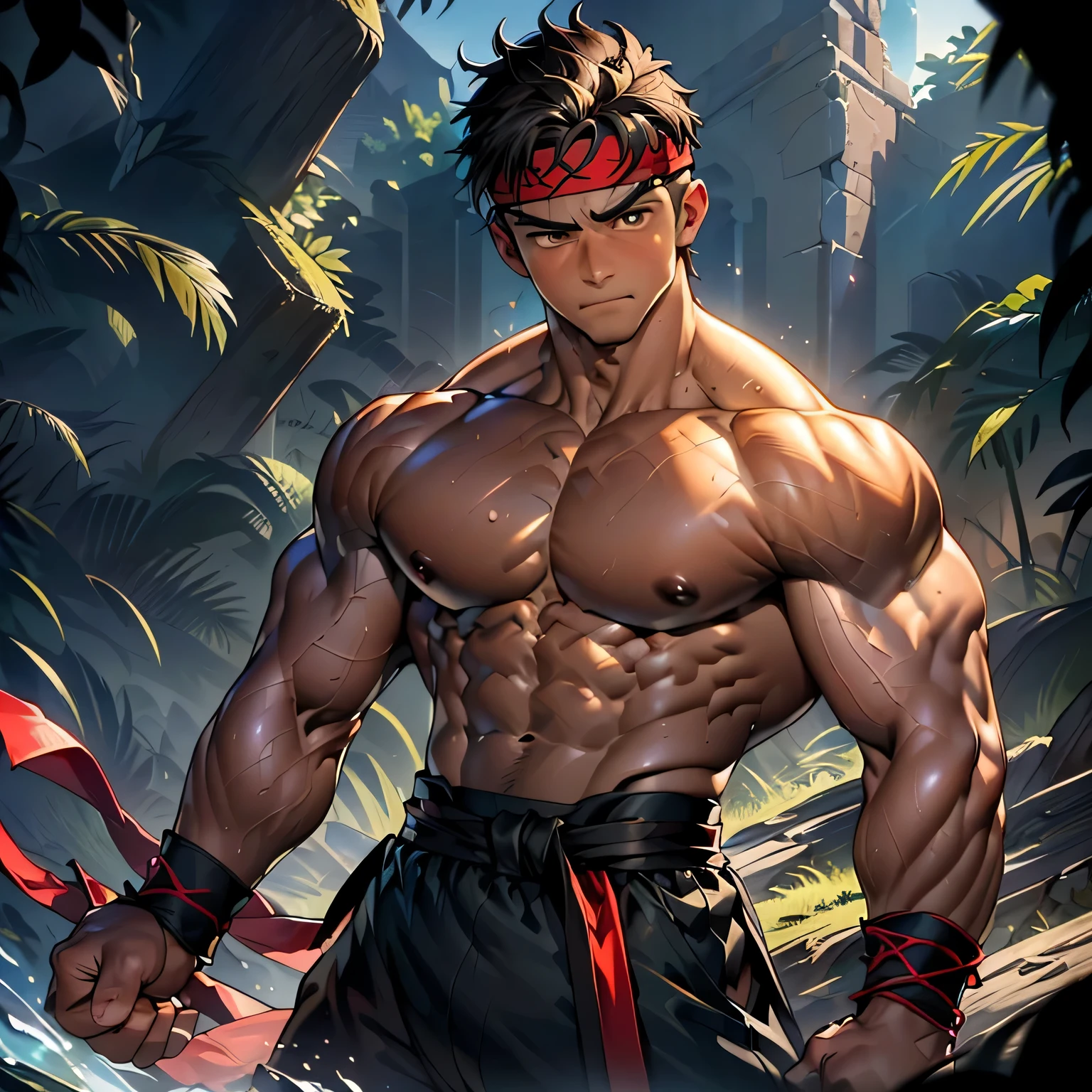 (Masterpiece, Best quality 19 year old boy, simple background, cowboy shot), solo, Young, boy, muscler, Shirtless, topless, (Dark Short straight hair, under cut, brown eyes), (red headband, ((black wristband, weist sash))), Vivid colors, (hot Abs:1.2, abs!, big abs, big breast:1.2, chest!, muscler upper arms, clenched fist), (topless male), closed mouth, serious, muscler!, muscler body, Man with martial arts stance, (aura power:1.4), detailed face, detailed muscle, (((A magical turquoise mystical aura graces his upper body, random fighting pose, aggressive, powerful, action, rippling muscles, fighting with great fury against enemy)))