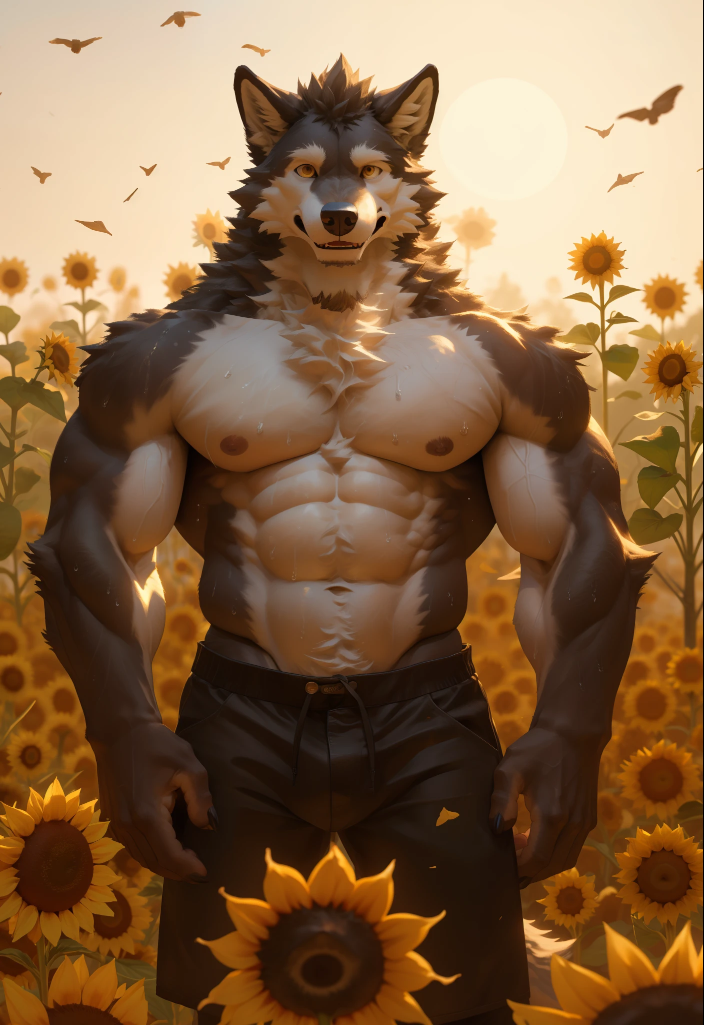 there is a wolf standing in a field of sunflowers, super buff and cool, fluffy fur, SFW, (:1.2), Nakedsive penis, hugls, topless,fy chest, Sexybody, muscular, hropomorphic, extra detailed body, detailed body, Best quality, masterpiece, ultra high res,detailed background,realistic, real shadow and light,depth of field, (view from beside), details skin, fluffy, bad boy, summer, sunflower, mouth open, hot weather, sweaty, huge crotch, huge package, Gray Wolf.