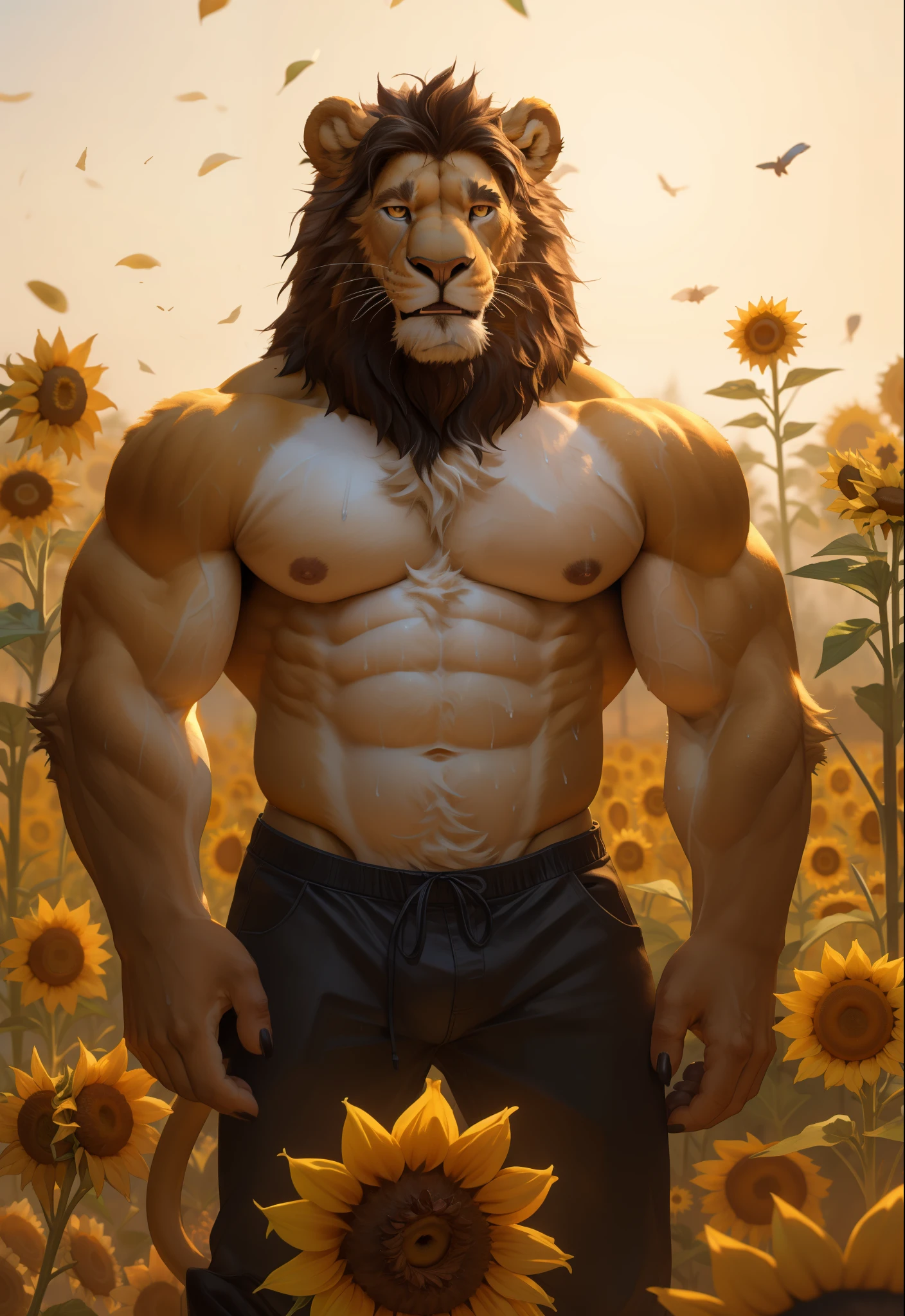 there is a Lion standing in a field of sunflowers, super buff and cool, fluffy fur, SFW, (Naked:1.2), Naked, massive penis, huge balls, topless, fluffy chest, Sexybody, muscular, anthropomorphic, extra detailed body, detailed body, Best quality, masterpiece, ultra high res,detailed background,realistic, real shadow and light,depth of field, (view from beside), details skin, fluffy, bad boy, summer, sunflower, mouth open, hot weather, sweaty, huge crotch, huge package, Lion.