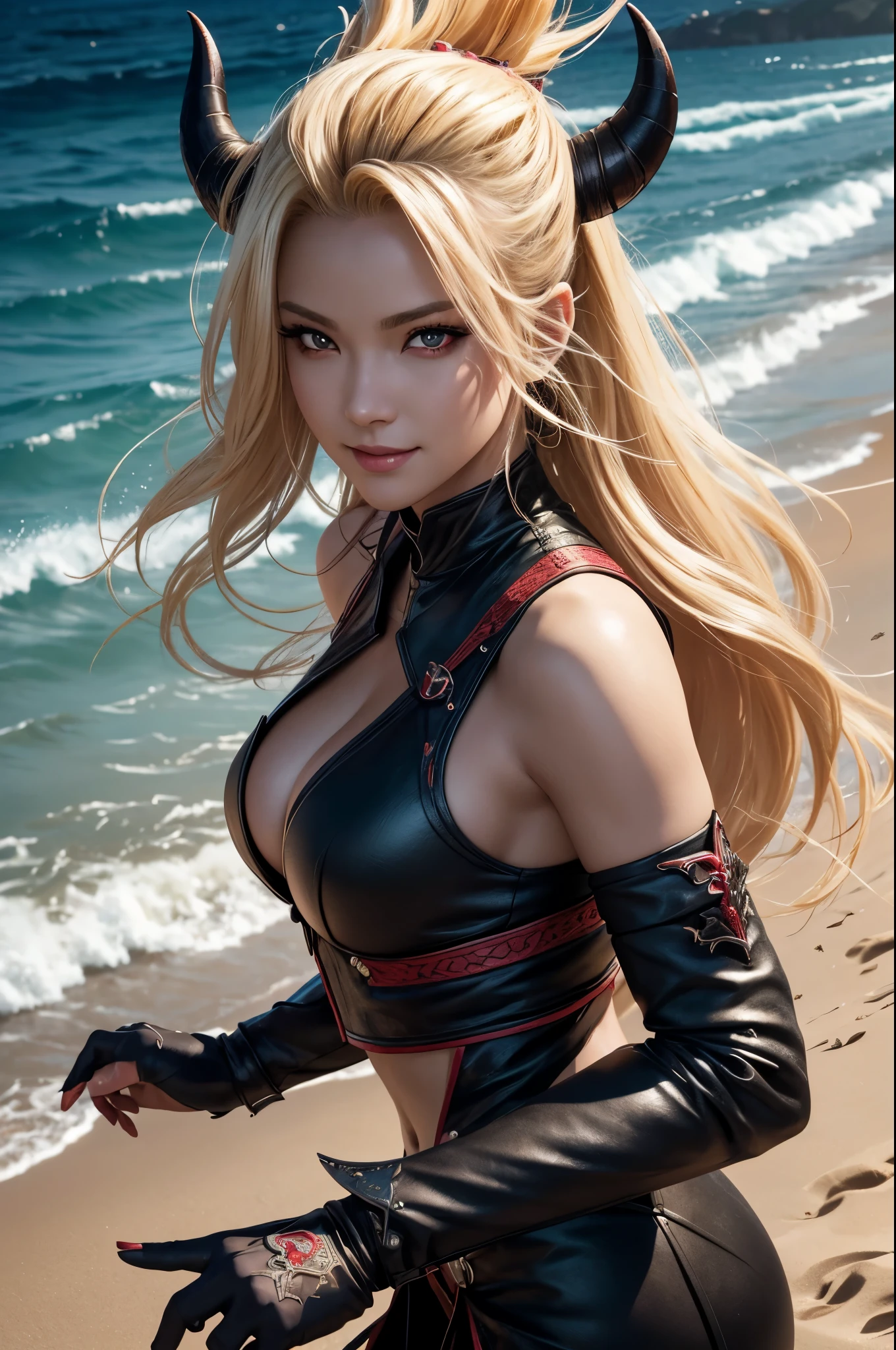 8K,Demon Slayer, the female demon,Super beautiful(like the real thing),黒と赤のsexyなビキニ,devil's horns,red eyes,masterpiece,Photorealistic RAW photos of the highest quality。bright colors,rich colors, Backlight, cinematic lighting, film grain, to be born, 50MM lens, Nikon D850,fantasy art,character art,ultra high resolution,super realistic skin,beautiful expression,sandy beach,Devil makeup,blonde mohawk hair,smile,Close-up,perspective from above,dynamic pose,sexy,In the sea,