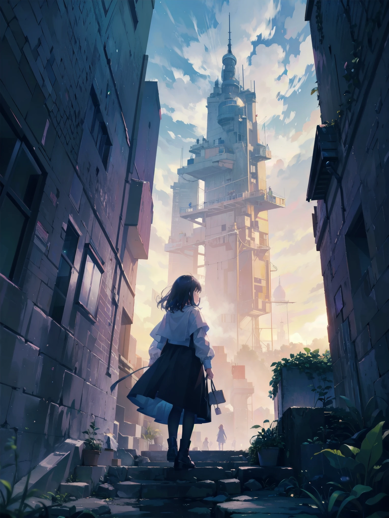 Girl looking up Scene 1: Twilight tower shadow The girl stands quietly against the sky, which is dyed an azure colour. Towering up in front of her is a huge structure called the Tower of Babel. Its form, which seems to pierce through the clouds, seems as if it is about to reach the heavens. The girl's gaze is directed towards the top of the tower. The tower, shrouded in evening darkness, creates a fantastic atmosphere. The surface of the tower is engraved with intricate patterns. It looks like ancient writing. The girl seems to sense something deep within the tower. Is it the memory of a masterpiece story or a longing for an unknown fantasy world? Scene 2: Memory of the starry sky The girl stands at the top of the tower amidst countless twinkling stars in the night sky. At her feet, the lights of the city shine like jewels. The girl closes her eyes and takes a deep breath. The scent of the night breeze is mixed with the old smell of the tower. The girl's mind replayed a famous story. It was a story of adventure and friendship that the girl read as a . The hero of the story, like the girl, climbed the Tower of Babel. There, she meets her friends and overcomes various difficulties. The girl dreamed that one day she, like the hero, would go on an adventure. Scene 3: The promise of the morning glow The girl left the tower just as the light of the morning sun was illuminating it. Looking back, the tower shone in the morning sun and even looked divine. The girl decides that one day she will climb this tower again. And when she does, she vows to spin out the rest of the masterpiece's story. Step by step, the girl walked into the future.
