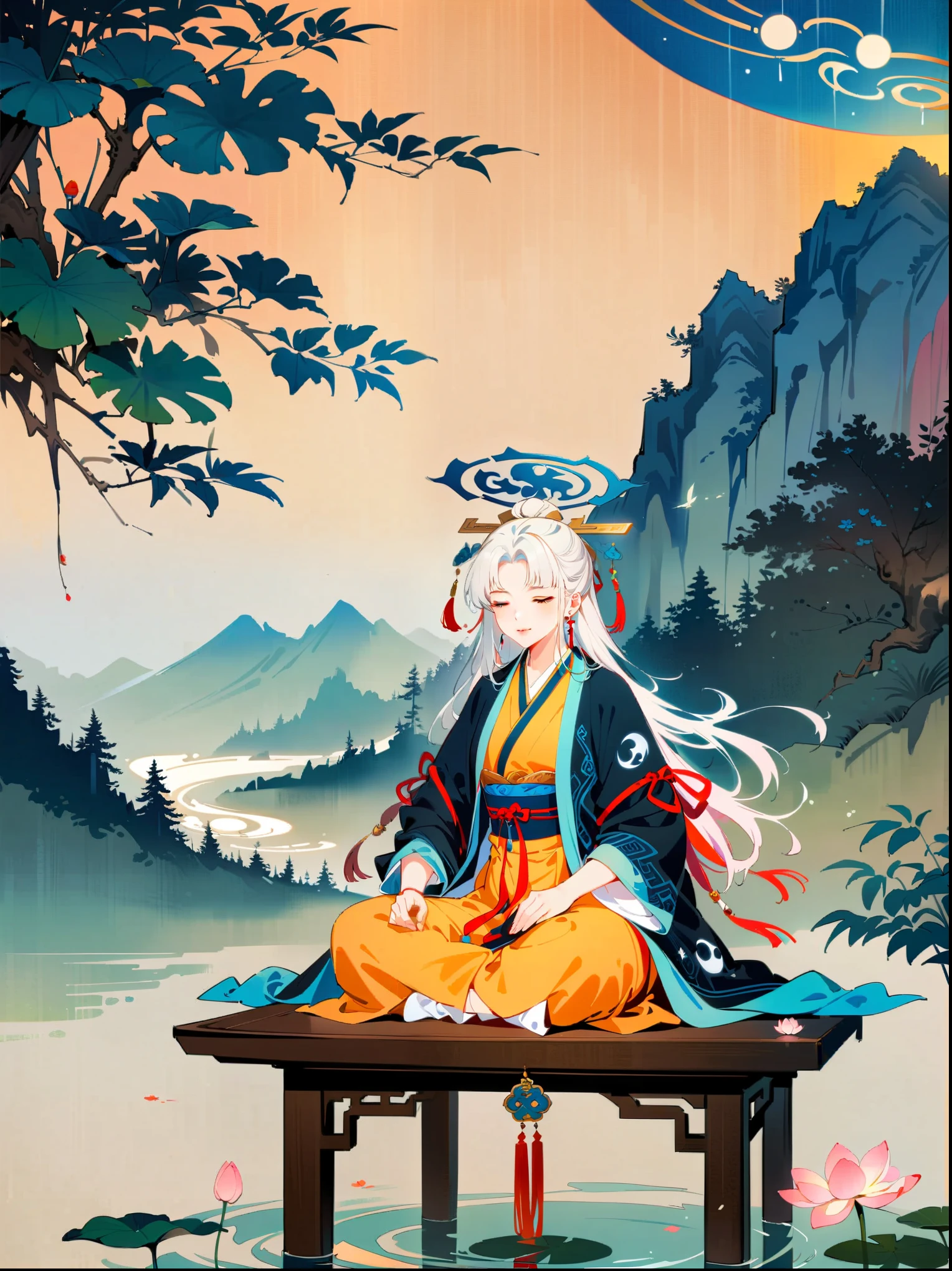 (close-up:1.8)，Ancient forest，White-haired Taoist，漂浮lotus石，Meditate cross-legged，Cyan robe，Gold moire，Ancient characters，Rotating halo，Golden Light Pillar from the Sky，Divine breath，forest creatures，quiet，Sandalwood scent，Mountain stream sound，In a mysterious scene，Yin and Yang symbols，I Ching Hexagrams，Swirling Mist，lotus，peaceful atmosphere，Peaceful nature scene，（best quality，8k，high resolution，masterpiece），Super detailed，concept art，intricate details，Ambient lighting，Cinema Effect，bright colors