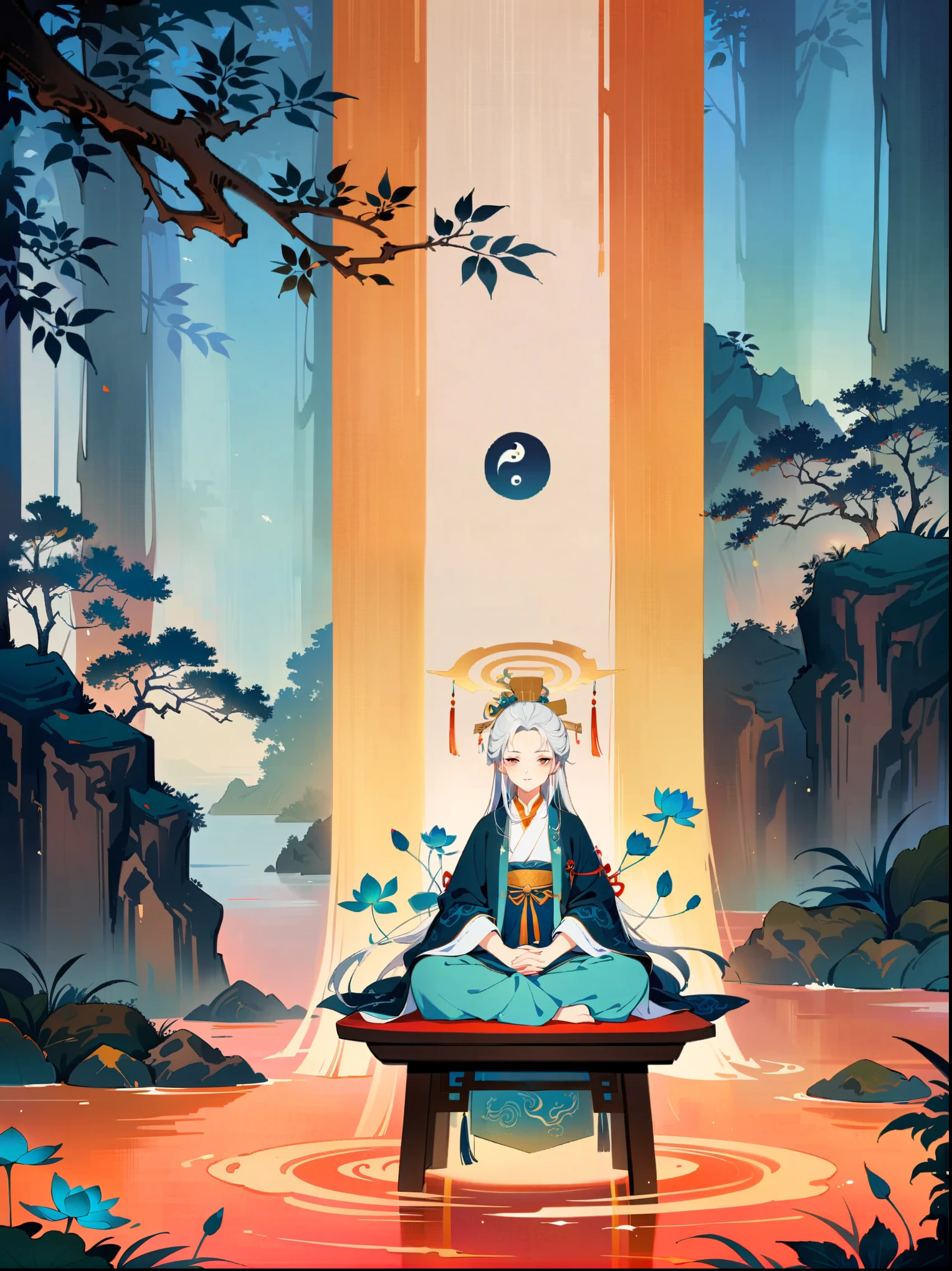 (close-up:1.8)，Ancient forest，White-haired Taoist，漂浮lotus石，Meditate cross-legged，Cyan robe，Gold moire，Ancient characters，Rotating halo，Golden Light Pillar from the Sky，Divine breath，forest creatures，quiet，Sandalwood scent，Mountain stream sound，In a mysterious scene，Yin and Yang symbols，I Ching Hexagrams，Swirling Mist，lotus，peaceful atmosphere，Peaceful nature scene，（best quality，8k，high resolution，masterpiece），Super detailed，concept art，intricate details，Ambient lighting，Cinema Effect，bright colors