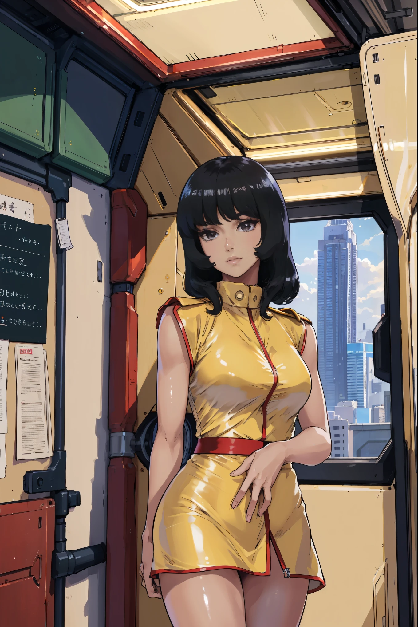 8k,(masterpiece:1.4)(best quality:1.4),(top quality), 1girl,fayuiry,black hair, black eyes, yellow dress,  uniform, inside spaceship, galaxy, window ,indoors,  standing,  looking at viewer,  solo focus,(shiny skin),steaming body ,