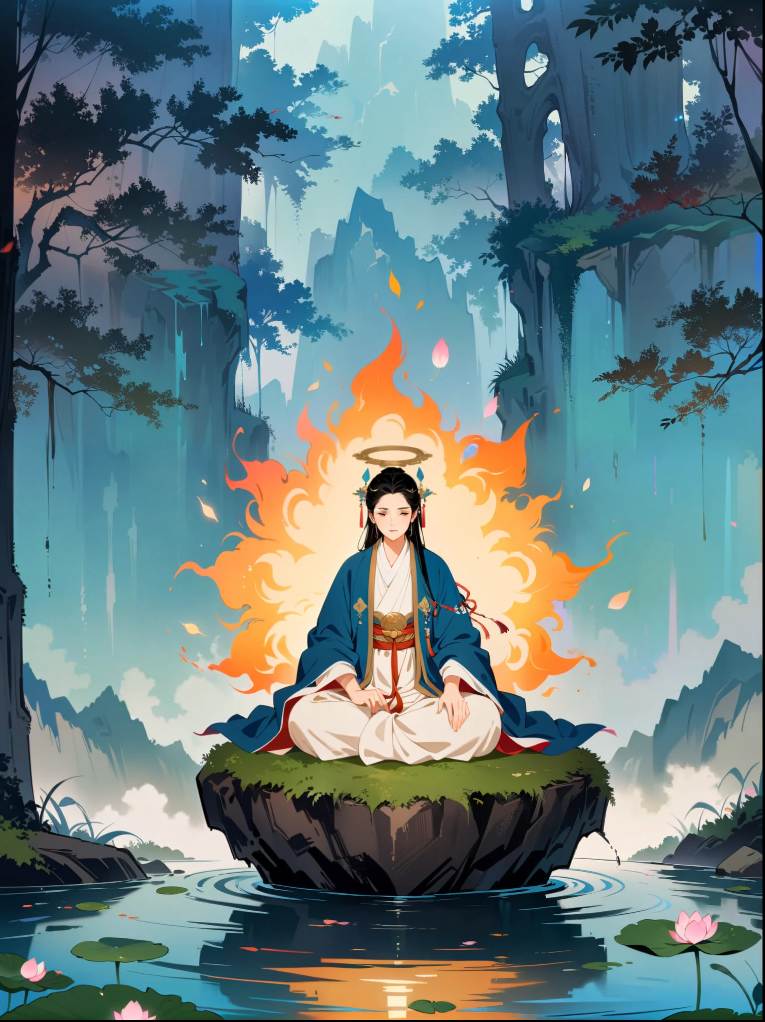 A wise, elderly Taoist monk sitting in lotus position, levitating above a moss-covered stone surrounded by a floating lotus flower, in an ancient forest with dense foliage, golden cloud patterns on his azure robe, ancient calligraphic symbols swirling around him, a halo of golden light descending from the sky, an aura of sacred serenity, forest creatures observing peacefully, the scent of sandalwood, the sound of a mountain stream, a mysterious cultivation scene.(best quality,4k,8k,highres,masterpiece:1.2),ultra-detailed,intricate details,award winning,cinematic lighting,dramatic shadows,richly detailed,volumetric lighting,highly detailed face,elegant composition,atmospheric,fantastical landscape,studio ghibli style