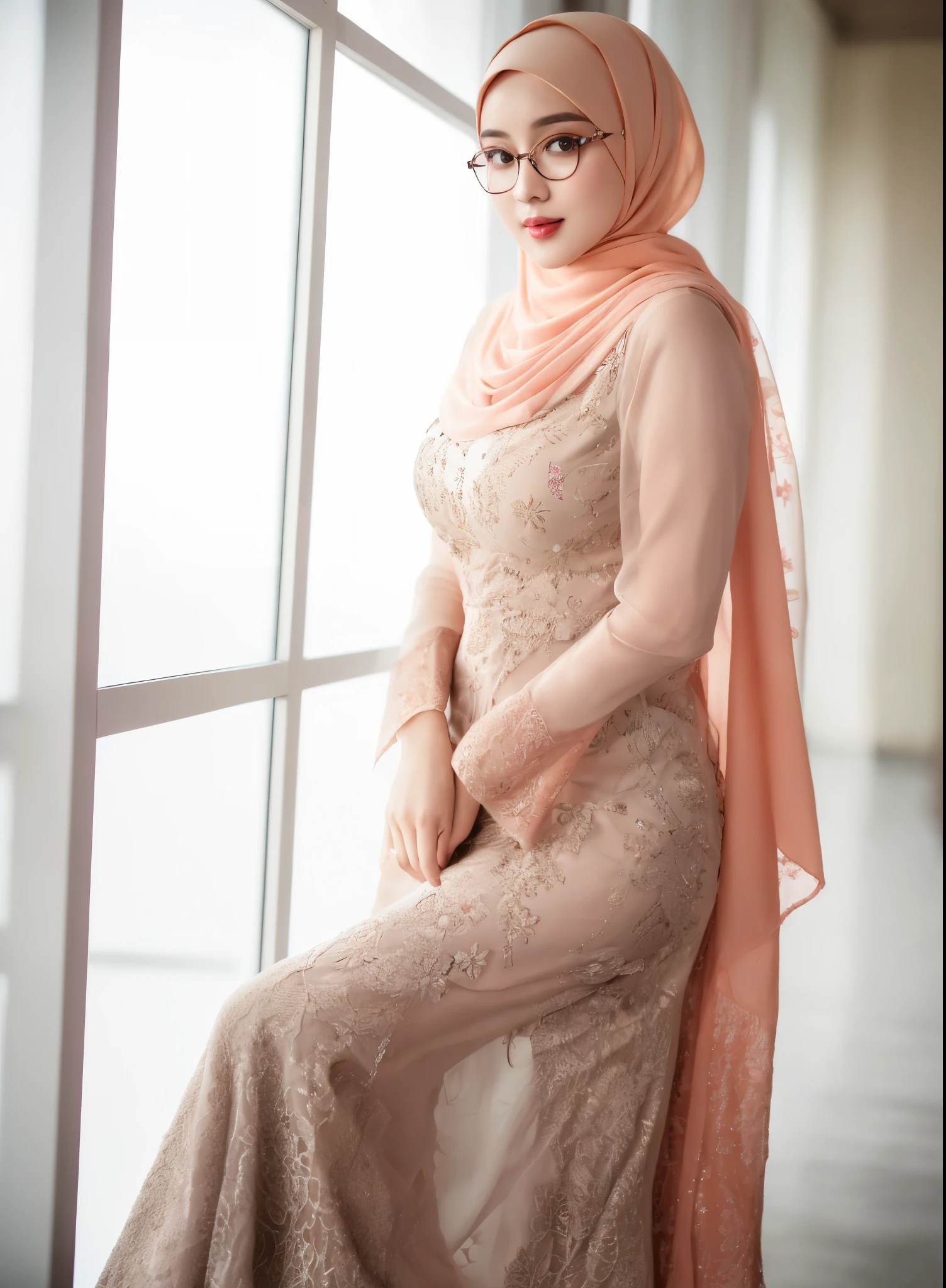 RAW photo of a 24 year old girl wearing hijab,  kebaya bali,glasses  , lingerie,hijab face portrait, neutral background, 8k uhd, dslr, soft lighting, high quality, film grain, Fujifilm XT3, covered dress, patterned dress, gigantic breasts:1.5, sexy pose