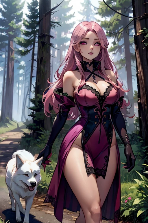 A pink haired woman with violet eyes and an hourglass figure is walking with a wolf in the forest.