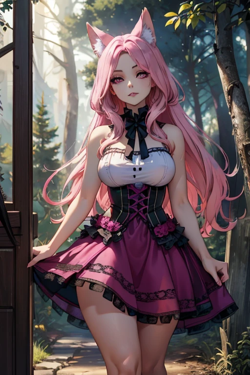 A pink haired woman with violet eyes and an hourglass figure is walking with a wolf in the forest.