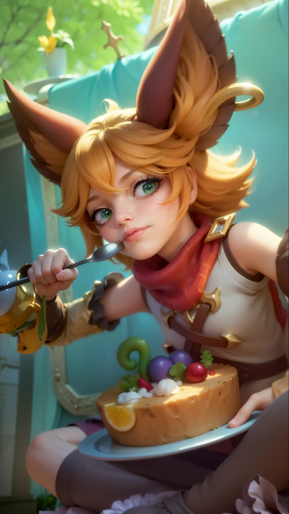 a girl with a cat hat and gloves, girl holding spoon and plate of cake in hands, 8k, ultra hd, ultra detailed texture, hyper realistic, masterpiece, detailed texture, detailed face, detailed skin, detailed lighting, (photorealistic:1.5), best quality, beautiful lighting, cinematic lighting, professional lighting, ultra highres, realistic, detailed hair, real hair, high quality, (realskin:1.5), extremely detailed, finely detail, ultra-detailed, green eyes, smile.