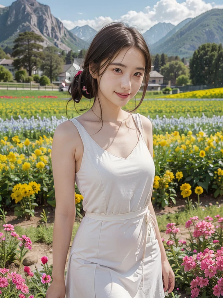 1 girl, Dynamic angle, clouds and mountains, (flower field:1.4) in the foreground, white dress, light tracking, (Multi-colored wind blows:1)
(realistic:1.4), official art, unity wallpaper 8k, very detailed, beautiful and beautiful, Masterpiece,best quality, Glowing skin, movie light, Smiling softly