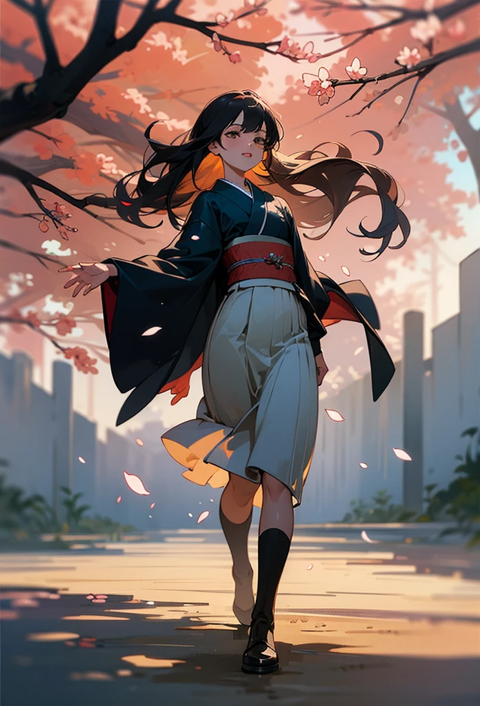 photo realistic, (masterpiece, best quality), 1girl,cute,,Taisho-era kimono(cherry blossom pattern kimono),depicting a Taisho-era female student wearing a long skirt(navy skirt) and brown boots,long straight hair,eyes with large brown irises, small mouth, fresh lips,fullbody,whole body,dark blue hair, smiling,cherry blossom tree avenue,looking tree, intricate details, depth of field,beautiful lighting, volumetric lighting, (photographic portrait), sharp,