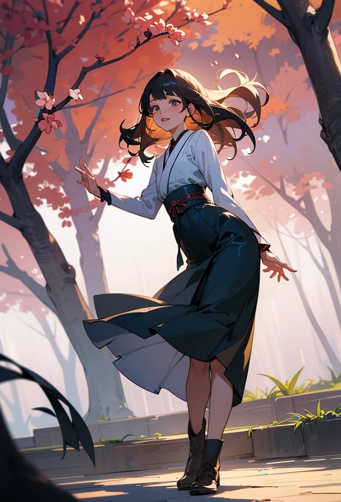 photo realistic, (masterpiece, best quality), 1girl,cute,baby face,Taisho-era kimono(cherry blossom pattern kimono),depicting a Taisho-era female student wearing a long skirt(navy skirt) and brown boots,long straight hair,eyes with large brown irises, small mouth, fresh lips,fullbody,whole body,dark blue hair, smiling,cherry blossom tree avenue,looking tree, intricate details, depth of field,beautiful lighting, volumetric lighting, (photographic portrait), sharp,