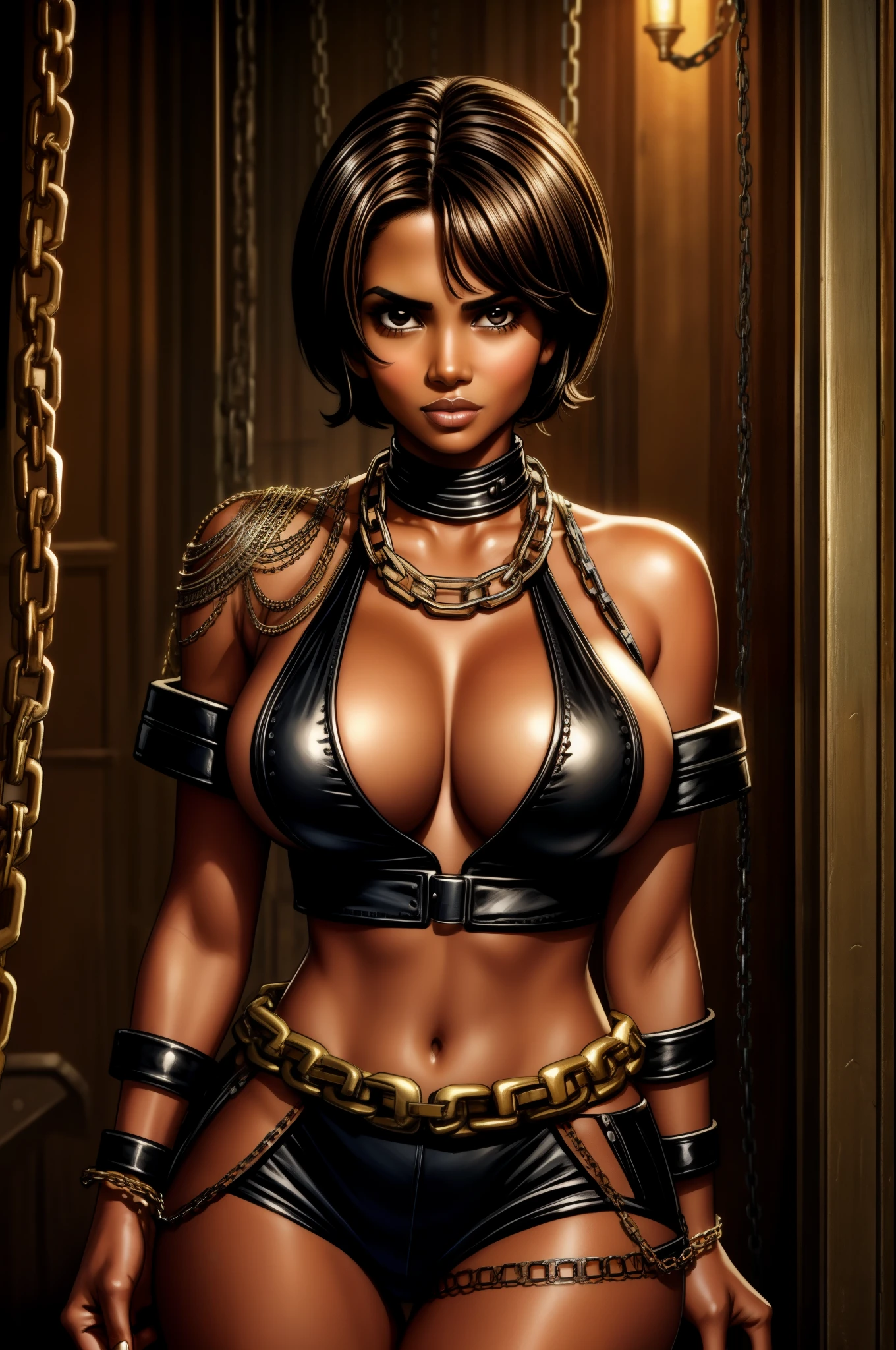 young Halle Berry, sultry, leather, ((chains)), Dieselpunk, brown skin, black short hair