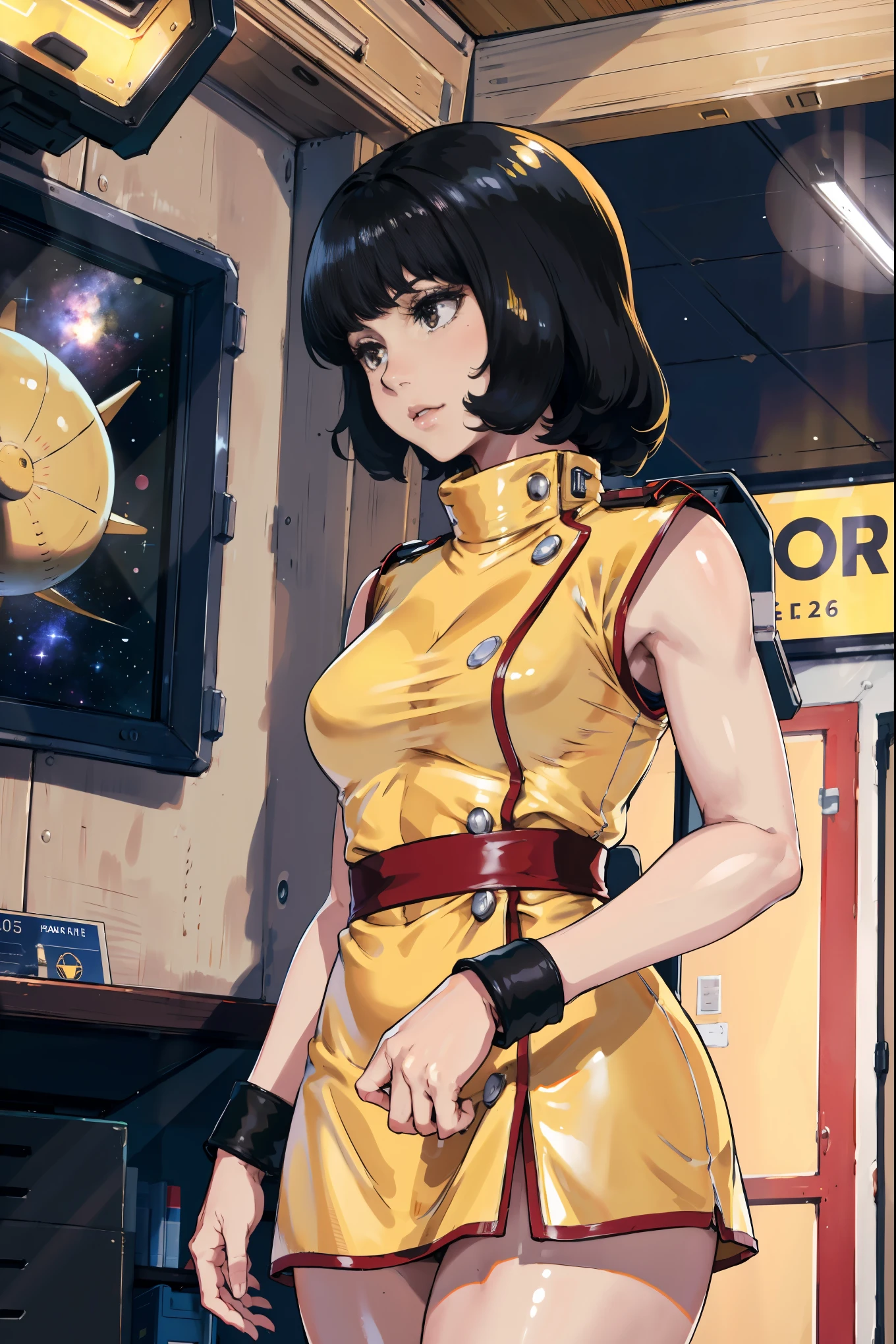 8k,(masterpiece:1.4)(best quality:1.4),(top quality), 1girl,fayuiry,black hair, black eyes, yellow dress,  uniform, inside spaceship, galaxy, window ,indoors,  standing,  looking at viewer,  solo focus,(shiny skin),steaming body ,