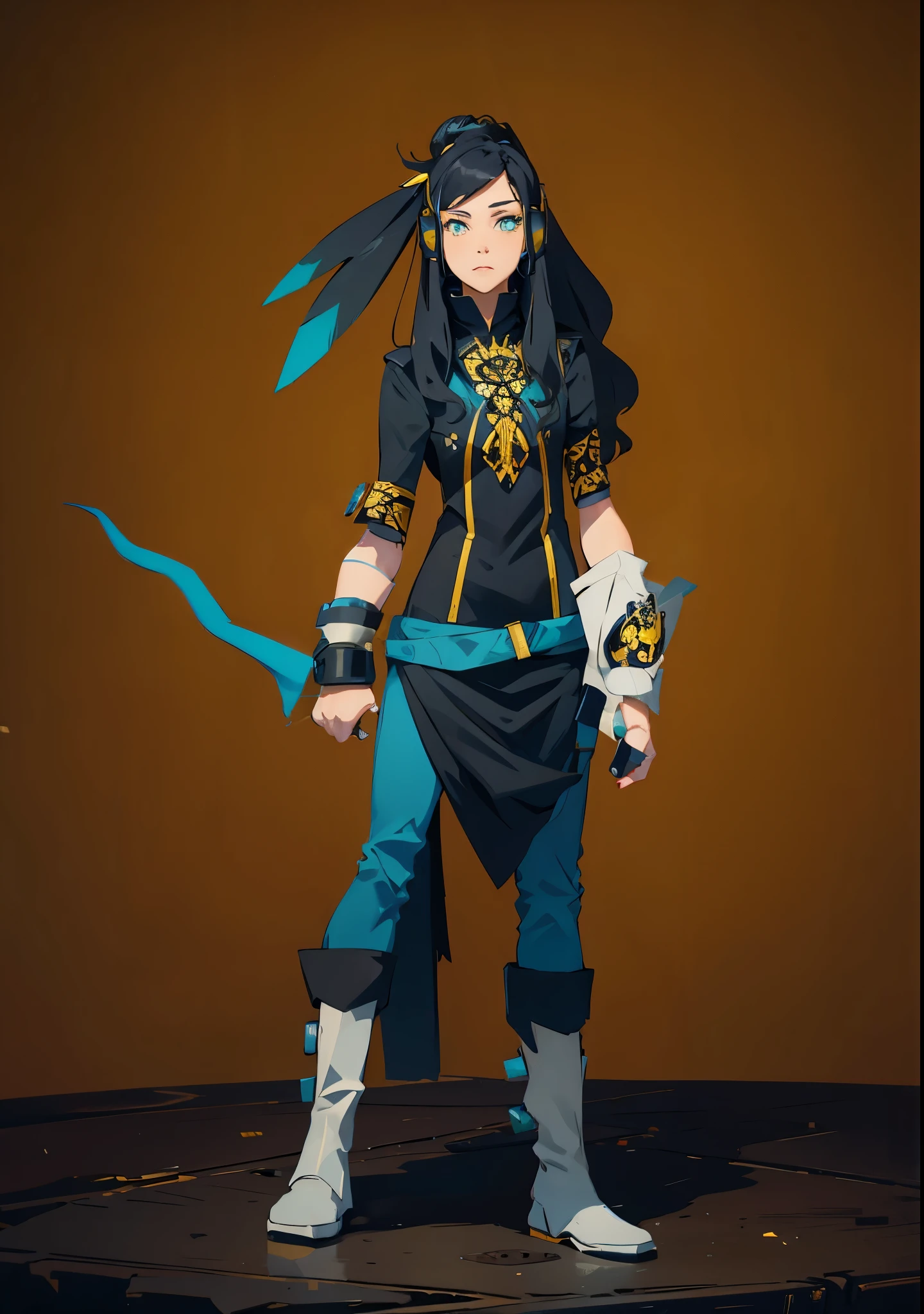 ((black yellow blue clothes with short cap sleeves)),cyber punk, ((wearing headset)), a beautiful woman, hair bun, ((long wavy hair)), dark hair, tucking big bird feathers on her hair, blouse with beautiful motive, tattoo on her arms, ((armor hands, metal armored hand with ornament)), (holding wavy metal blade), shawl around her hip, pants, boots, day time