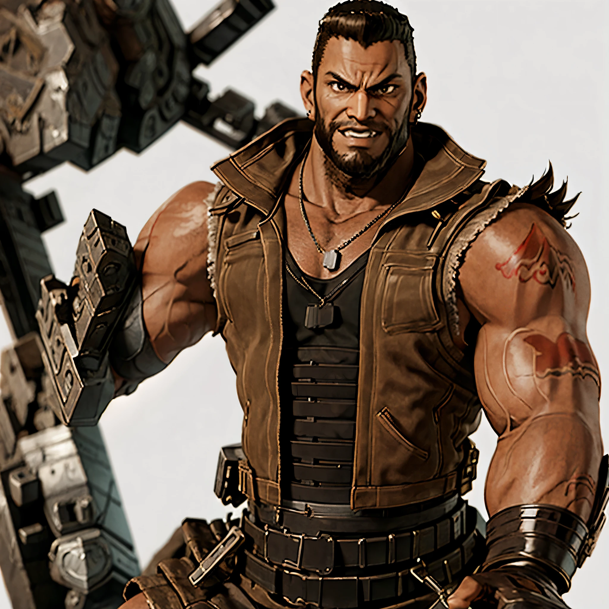(masterpiece, best quality:1.2,simple background,white background,2d,anime style),1boy,solo,barret \(final fantasy7\), arm tattoo,beard,brown eyes,black hair,dark skin,earrings,jacket,muscular,sleeveless,gloves,mechanical arms,pendant,looking at viewer,smile