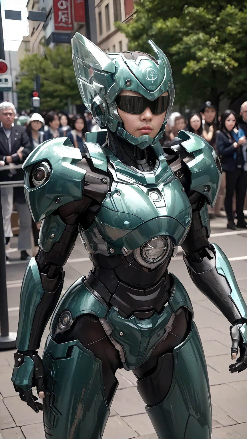 rough skin, Super detailed, advanced details, high quality, 最high quality, High resolution, 1080p, hard disk, beautiful,(war machine),beautifulサイボーグのwoman性,dark green mecha cyborg girl,In combat,メカボディ少woman,、woman short hair messy hair、sweaty brown eyes、 real face brown hair ((Steam comes out of my head)) I'm looking forward to bare hands