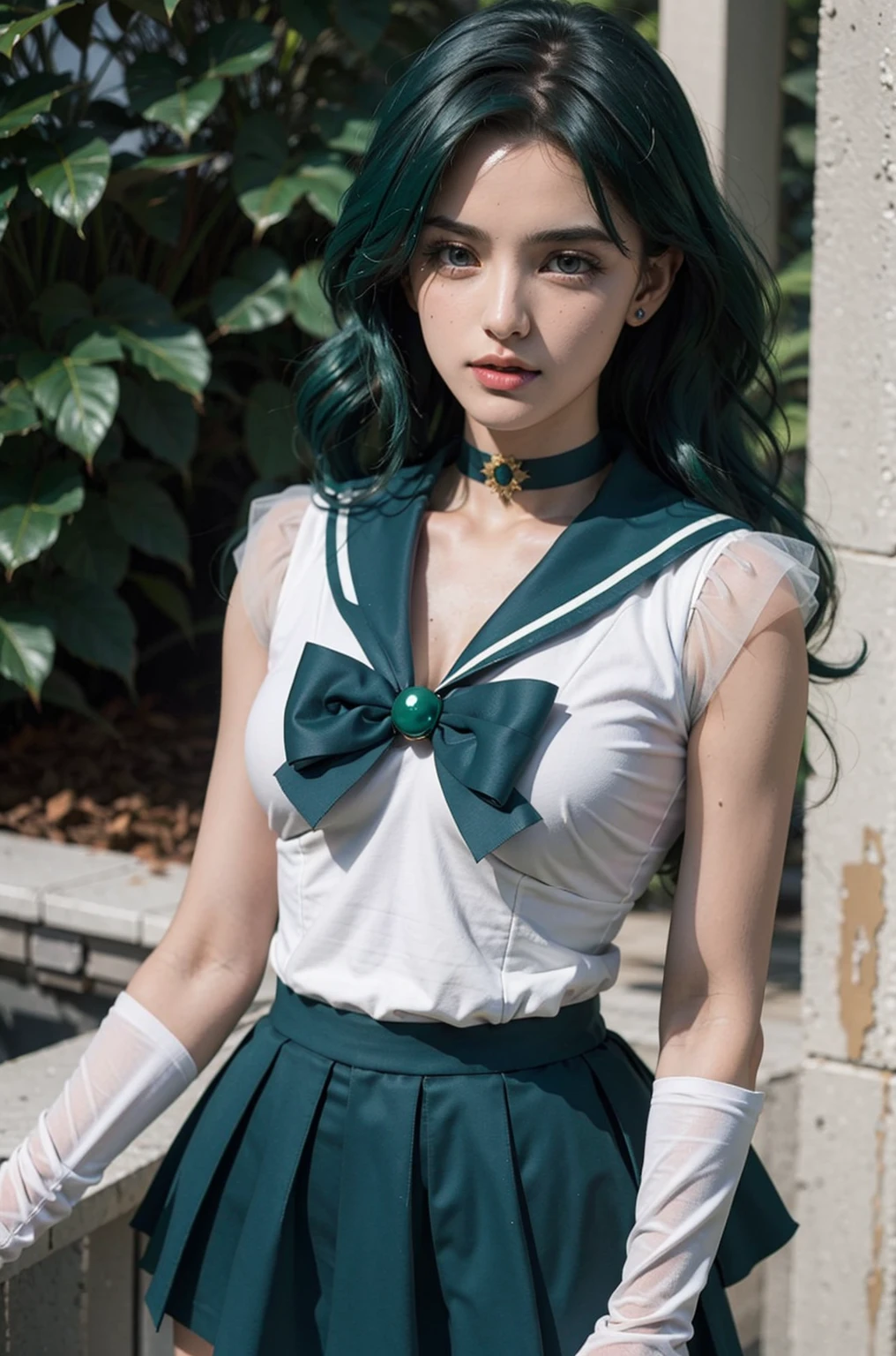 enlargement, 1 woman, Sailor Neptune, aqua eye, dark green hair, medium hair, (Sailor Sensi Uniform:1.1), pleated skirt, curtsey, dynamic posture, dynamic background, , best quality, masterpiece, high resolution, intricate details, (( realistic )), of the photo, earring, bijouterie, white gloves, medium chest, whole body, white gloves, sailor collar