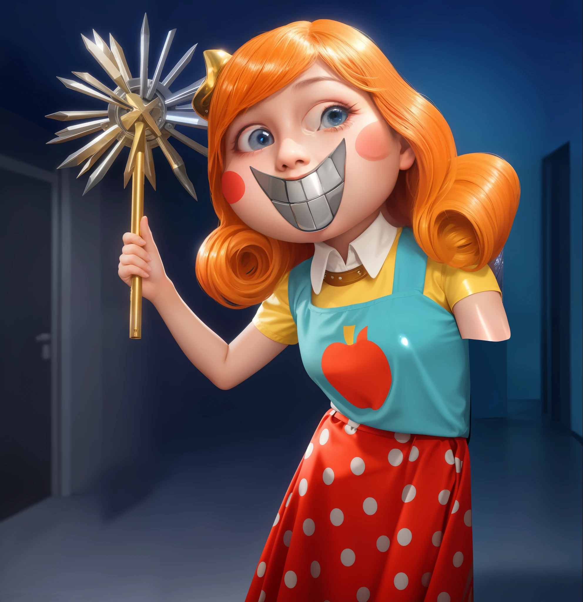 A doll with orange hair and a blue and red dress is peeking out from behind a corridor. blue jail corridor with smike on the background. she is holding a mace, rim light, multiple light sourses/ woman looks like a doll. doll cosplay, cartoon doll girl with a mace in her hand, doll, game character, videogame character, creepy doll, large creepy smile, doll with creepy smile and red eyes, insane, she ia holding death star mace in hand, doll toy, glossy texture, smooth 3d model, multiple light sources, rim light, sharp post effects render, (glossy plastic texture with multiple big light probe refractions), perfect cgi, smooth silhouette, high intensity refraction, (super glossy material), most beautiful vfx, blue background, plastic refractions, realistic, 4k, high resolution, rim light, she is flying, she is laying on the floor, photo shoot, commercial photo,  profile shot, 4k, rim light, high resolution, 4k, glossy texture, smooth 3d model, multiple light sources, rim light, sharp post effects render, (glossy metallic texture with multiple big light probe refractions), perfect cgi, cgi art created only with gradients, smooth silhouette, high intensity refraction, (super glossy chrome material), most beautiful vfx, blue background, chrome metal refractions, multiple light sources, rim light, sharp post effects render, perfect cgi, anthropomorphic cat, digital art, detailed digital art, reflective, best quality, 4k, masterpiece:1.2, ultra-detailed, realistic, vivid colors, dark and moody lighting, The image of the highest quality, ensuring every detail showcased perfectly. It in 4k resolution, allowing viewers to immerse themselves in the richness of the colors and intricate details. The realistic rendering. under the spotlight, reflecting, high-resolution image, realistic rendering, dark background, and rim light photorealistic