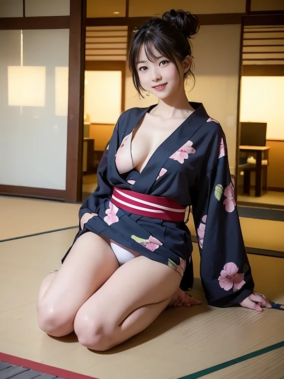 1topless、show nipples、emphasize the chest、show thighs、(Panties with a floral pattern arranged in a yukata style、)、young 小柄なwoman、、 woman、there are people around、crowd、there are people around、smile、real 2,3、bun hair、short hair、very slim figure、17 years old1:3、photograph、clavicle、look at the camera、、Angle from the front、(full body description)The whole body is shown from head to toe、smile、Wear flip flops、Panties are showing、Camera position that captures the whole body, including shoes、Height is 150cm、The camera shows your whole body、indoor、office、beautiful posture、No bra、No panties、topless、beautiful skin、