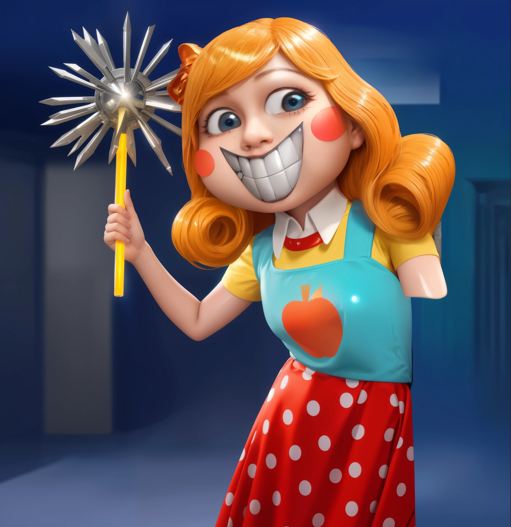 A doll with orange hair and a blue and red dress is peeking out from behind a corridor. blue jail corridor with smike on the background. she is holding a mace, rim light, multiple light sourses/ woman looks like a doll. doll cosplay, cartoon doll girl with a mace in her hand, doll, game character, videogame character, creepy doll, large creepy smile, doll with creepy smile and red eyes, insane, she ia holding death star mace in hand, doll toy, glossy texture, smooth 3d model, multiple light sources, rim light, sharp post effects render, (glossy plastic texture with multiple big light probe refractions), perfect cgi, smooth silhouette, high intensity refraction, (super glossy material), most beautiful vfx, blue background, plastic refractions, realistic, 4k, high resolution, rim light, she is flying, she is laying on the floor, photo shoot, commercial photo,  profile shot, 4k, rim light, high resolution, 4k, glossy texture, smooth 3d model, multiple light sources, rim light, sharp post effects render, (glossy metallic texture with multiple big light probe refractions), perfect cgi, cgi art created only with gradients, smooth silhouette, high intensity refraction, (super glossy chrome material), most beautiful vfx, blue background, chrome metal refractions, multiple light sources, rim light, sharp post effects render, perfect cgi, anthropomorphic cat, digital art, detailed digital art, reflective, best quality, 4k, masterpiece:1.2, ultra-detailed, realistic, vivid colors, dark and moody lighting, The image of the highest quality, ensuring every detail showcased perfectly. It in 4k resolution, allowing viewers to immerse themselves in the richness of the colors and intricate details. The realistic rendering. under the spotlight, reflecting, high-resolution image, realistic rendering, dark background, and rim light photorealistic
