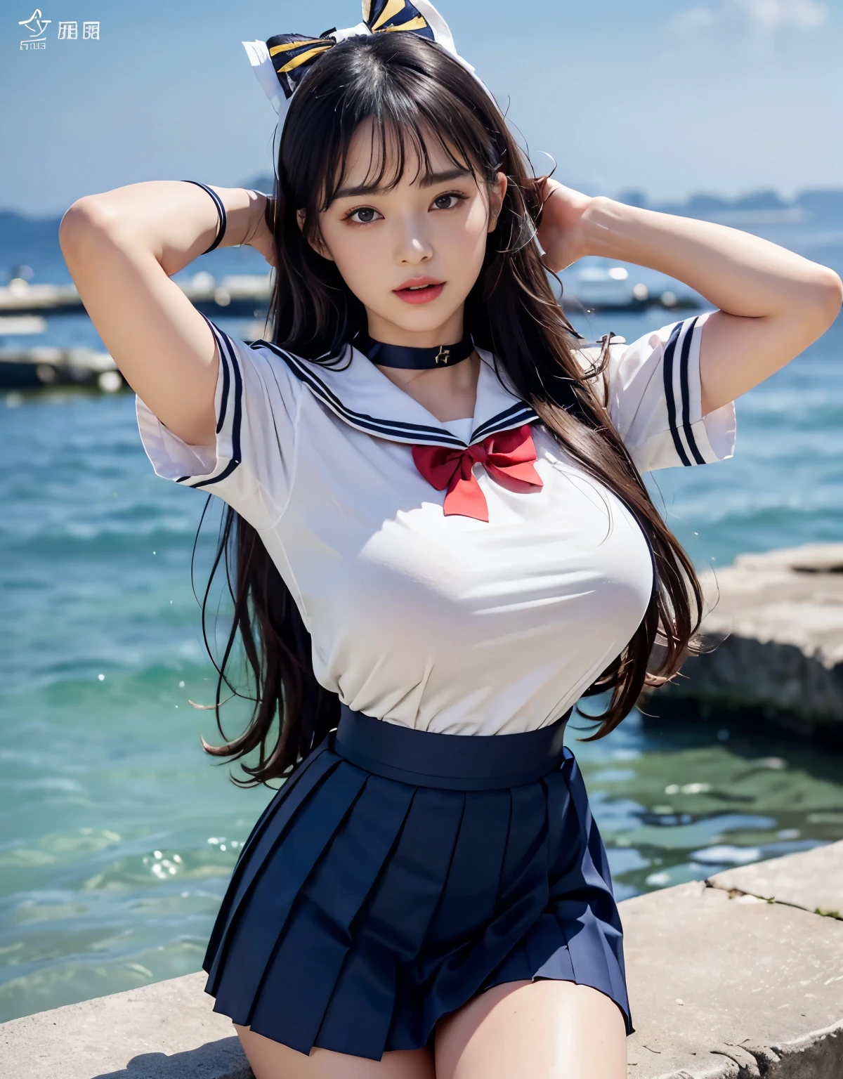 (((very heavy chest))),NSFW, 16k raw photos, highest quality, masterpiece, ultra high resolution, ((She is wearing Beautiful exposed redShe is wearing (a high school sailor uniform).
(navy sailor collar:1.4),(white shirt:1.4),(navy pleats skirt:1.4),(navy bow:1.4))).movie, 1 girl,((attractive expression)),eyes shine、 looking at the viewer, natural skin texture very heavy chest))),((( metal black ribbon around the neck))).star handle mold、((yellow eyes)),Realistic eye and face details, lip whole, lipstick makeup), fluffy ponytail hair, laughter, Beautiful feet, tall woman, ((glowing skin)),((Beautiful armpit)), slim_feet, huge breasts, cleavage, beautiful natural places, beautiful flower garden、(detailed background,highly exposed, huge breasts, blurred background,, JK ribbon on the neck, jk ribbon, golden hair, bracelet, water, bangs, split your lips、armpit、beautiful hip line、glowing skin、(((eyes shine brightly))),lotion skin、High leg、((black hair)),highly exposed、Skimpy pink luxury fur coat、beautiful sea background、wind effect、